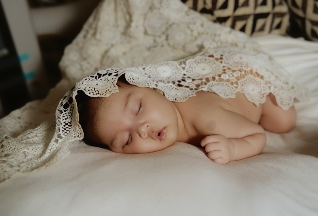 Peaceful newborn baby sleeping under delicate white lace blanket on soft white bedding.