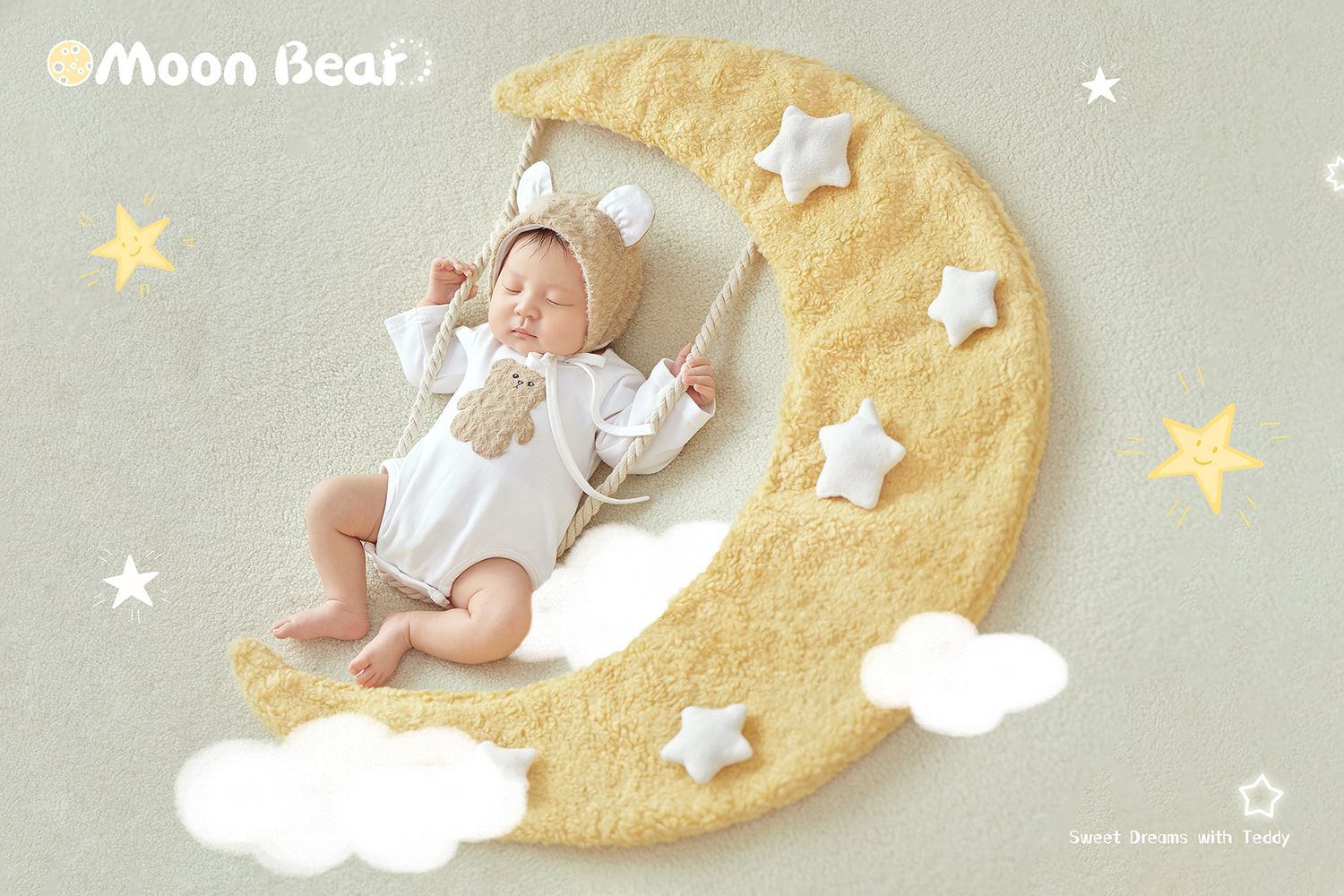 Sleeping newborn baby in white teddy bear romper on yellow crescent moon swing with stars.