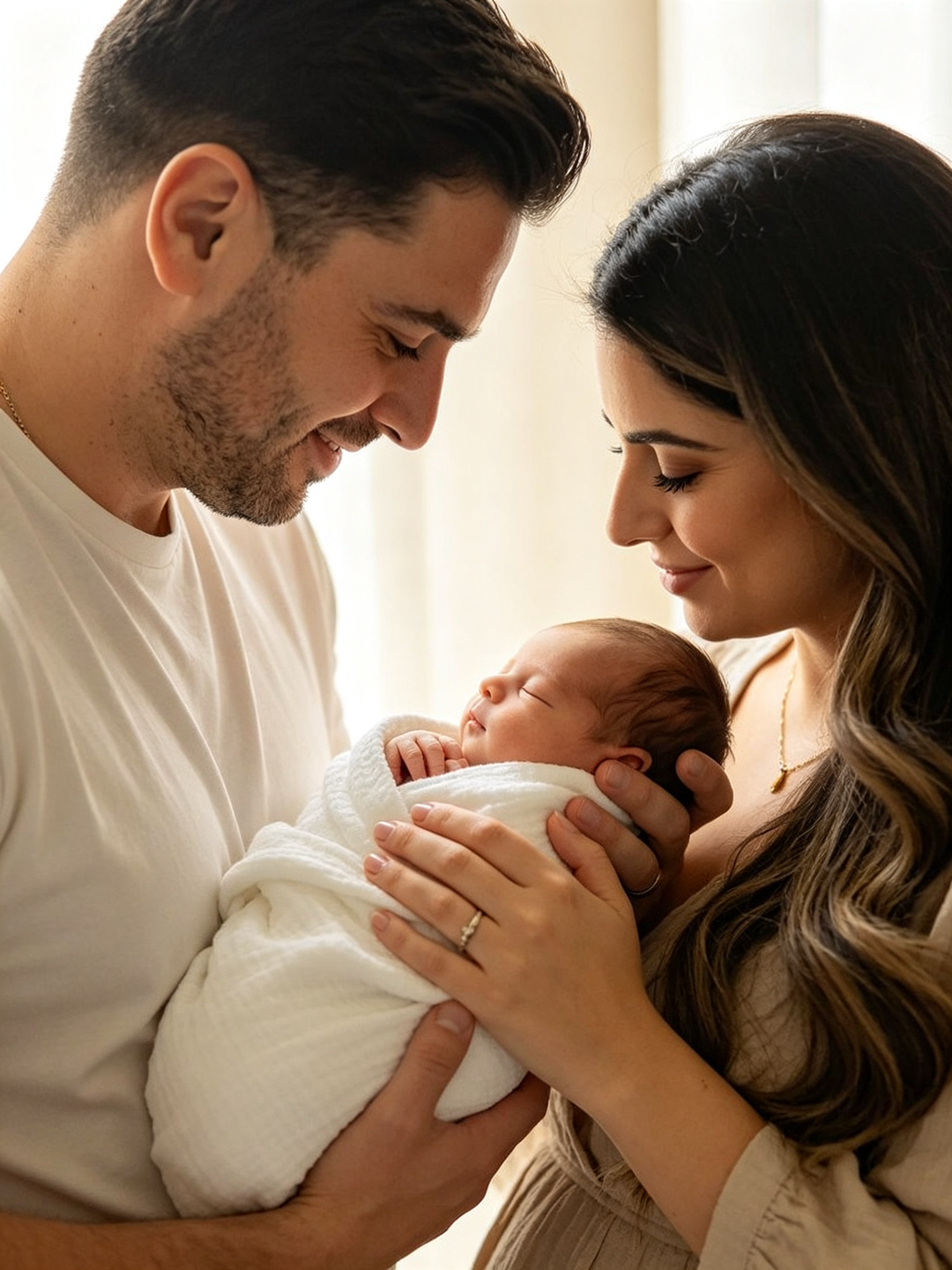 A couple tenderly gazes at their newborn baby wrapped in a white blanket in a warm, softly lit portrait.