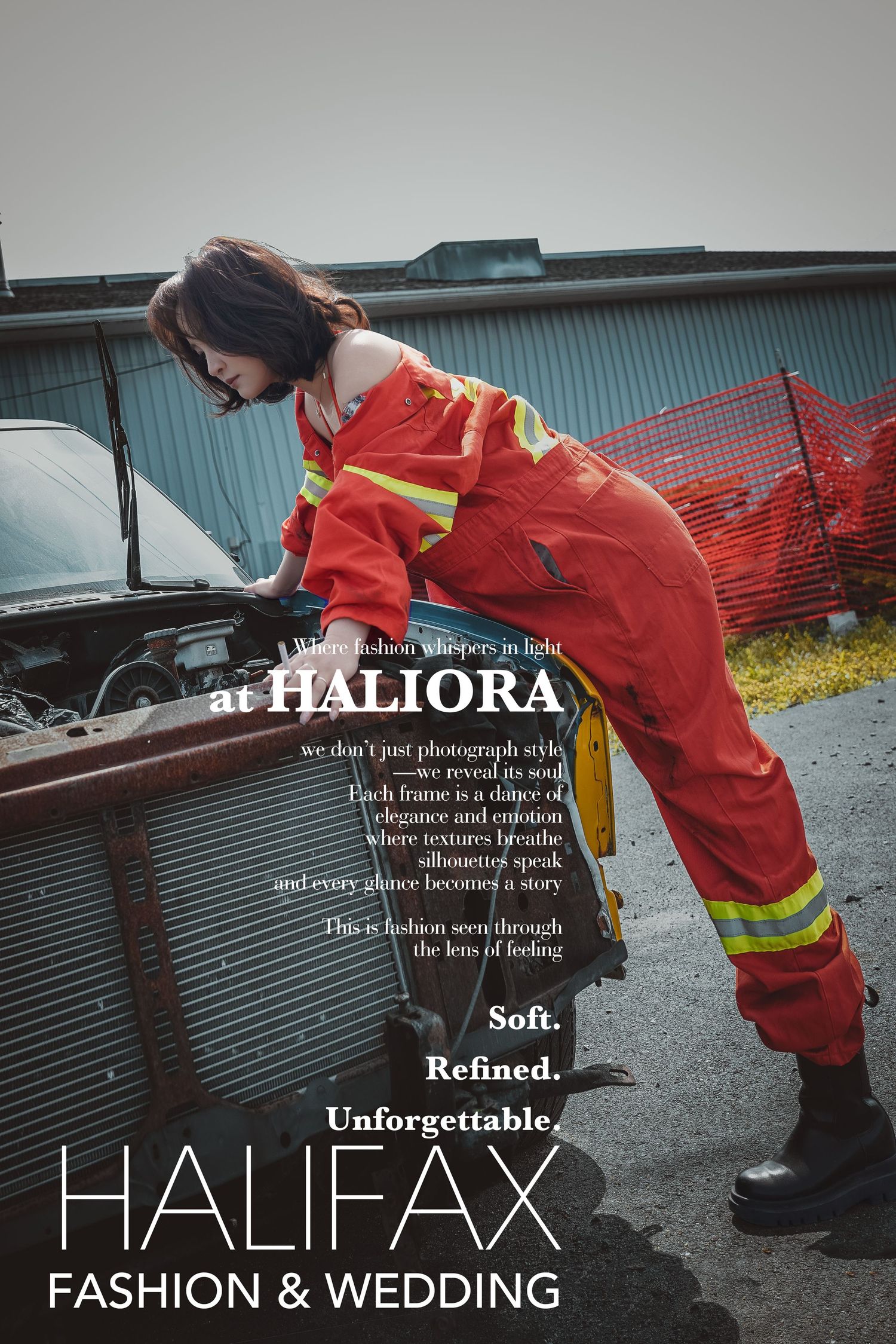 Woman in red firefighter coveralls leans over a car hood in an industrial setting for Halifax Fashion & Wedding at Haliora.