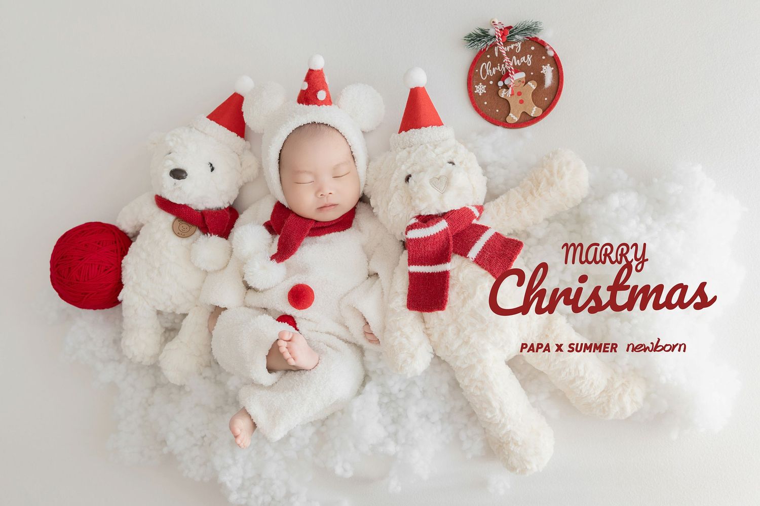 Newborn baby in Santa bonnet sleeping between white polar bear plush toys with Merry Christmas text overlay.