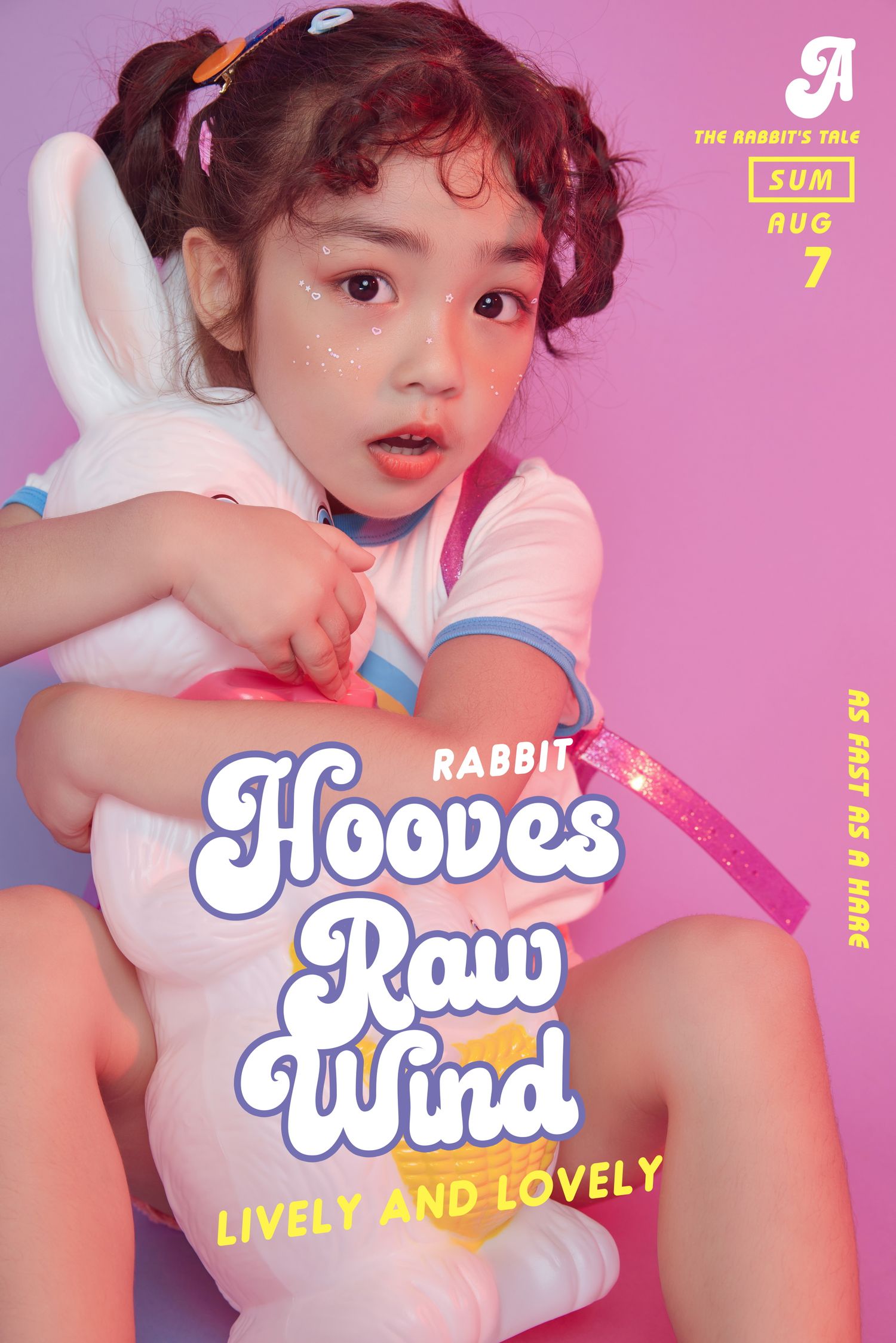 Young girl holding a white stuffed bunny toy, posing for Rabbit Hooves Raw Wind K-pop concept photo shoot.