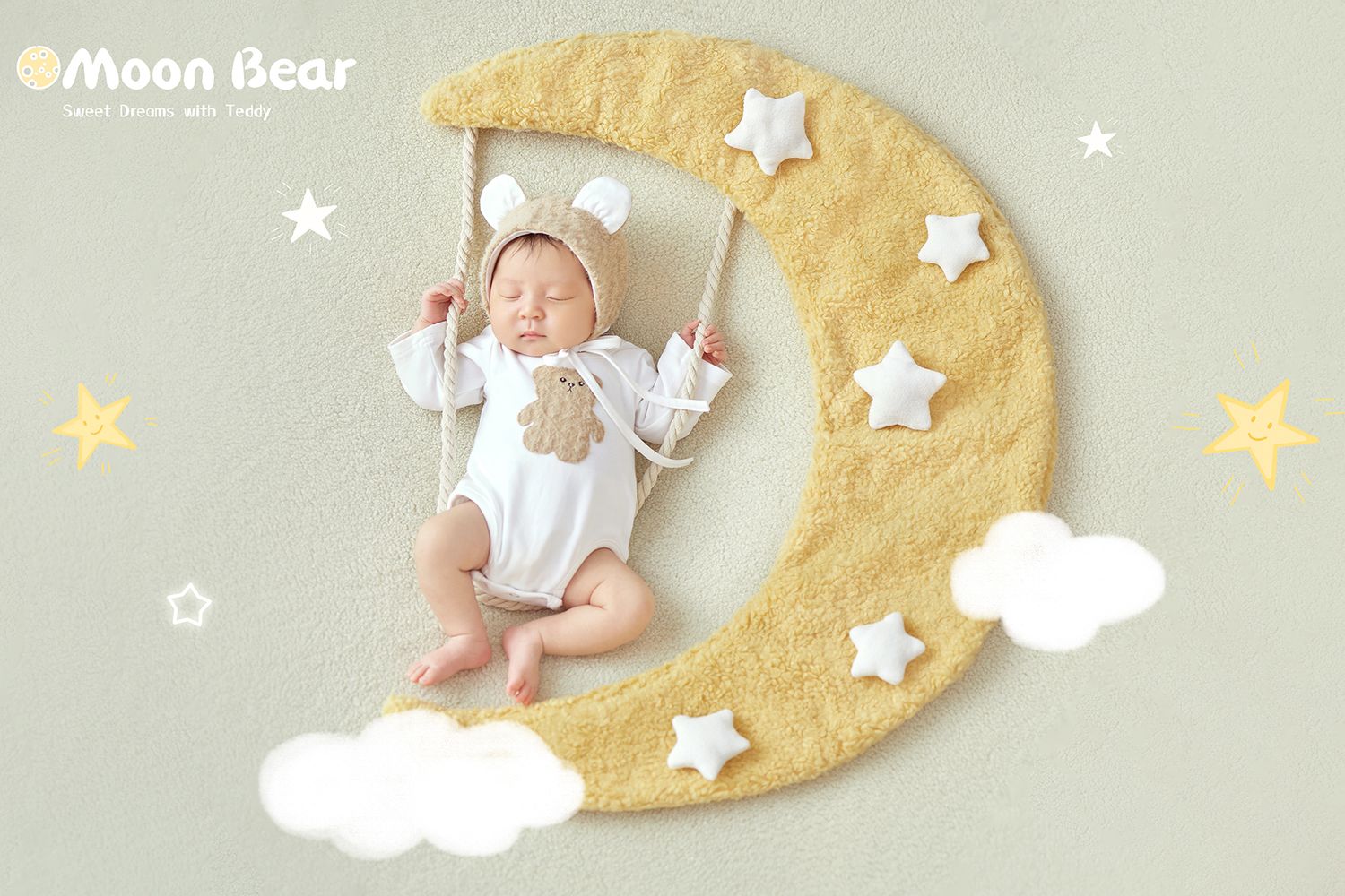Newborn baby in white bear outfit sleeping on crescent moon swing with stars and clouds.