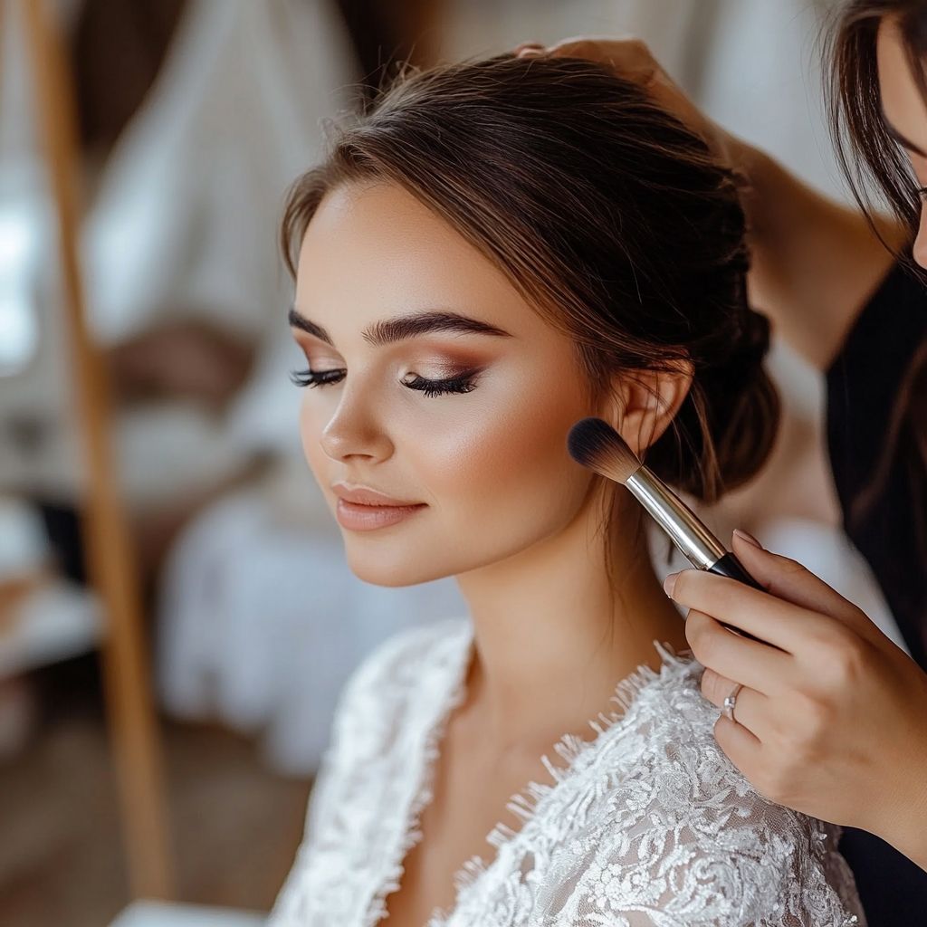 Bride getting professional makeup applied with brush on cheek in bright bridal preparation room.
