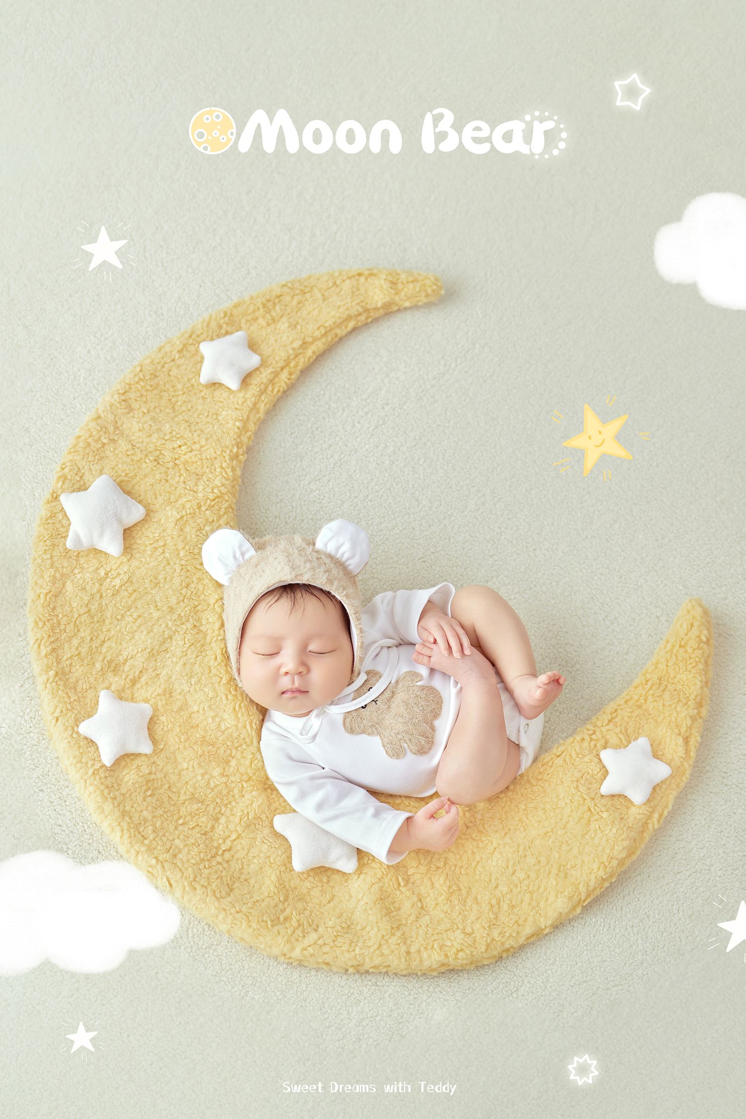 Sleeping newborn baby wearing bear ear bonnet resting on yellow crescent moon with stars.