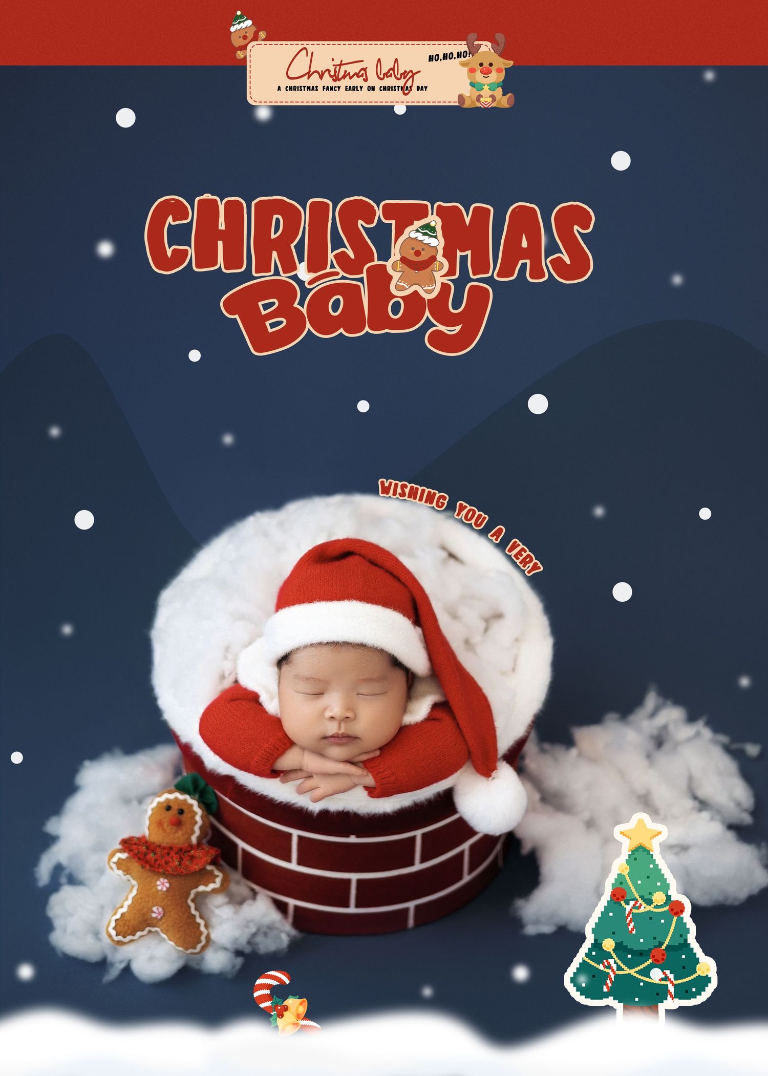 Newborn baby in Santa hat sleeping in chimney bowl with Christmas Baby text, snowflakes, and holiday sticker decorations.