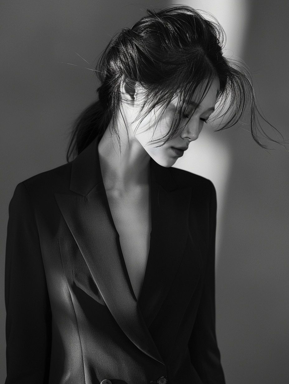Artistic black and white portrait of woman in deep-V black blazer with windswept updo hairstyle.