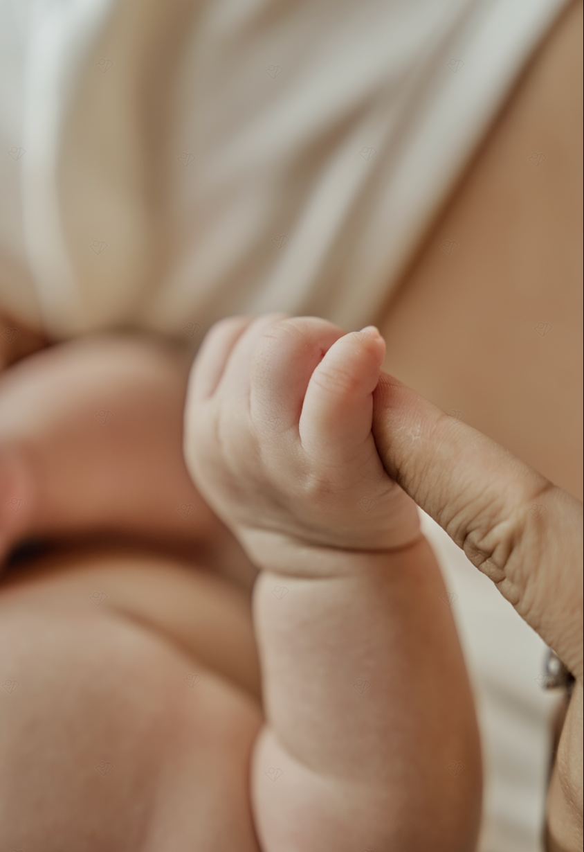 A newborn baby's tiny hand gently gripping an adult's finger, symbolizing the bond between parent and child.