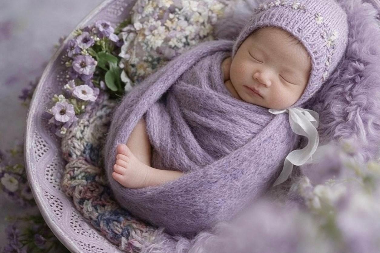 Sleeping newborn baby wrapped in a soft purple knit blanket and bonnet, nestled in a bowl with delicate flowers.