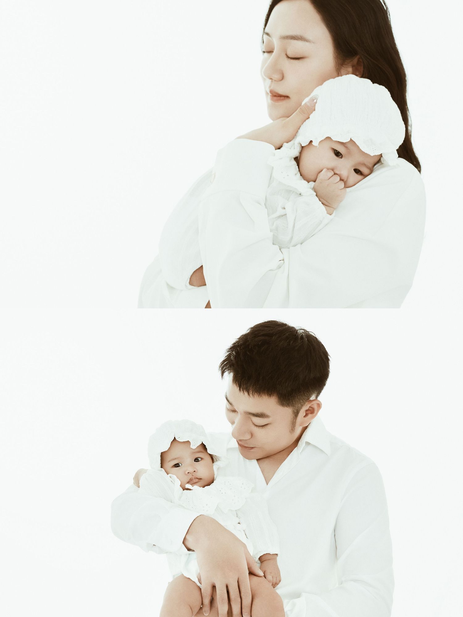 Collage of Asian parents in white outfits gently cradling their newborn baby in a minimalist white studio.