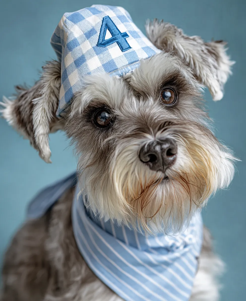 Miniature Schnauzer dog wearing a blue gingham hat with number 4 and matching striped bandana.