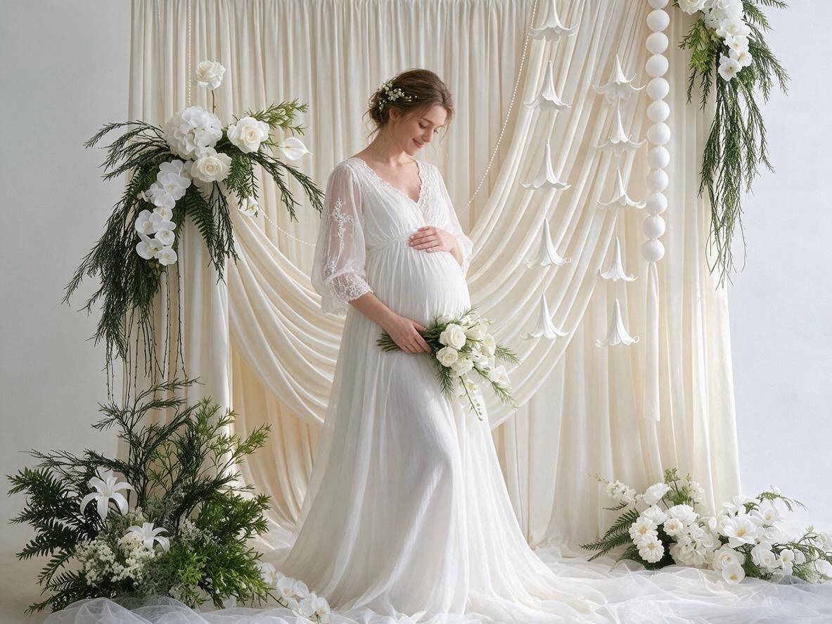Pregnant woman in white gown holding flowers, posing before a draped backdrop with white floral arrangements.