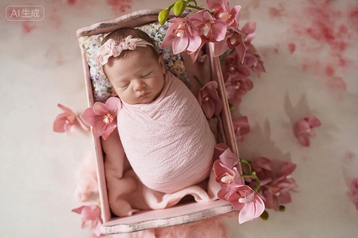 Newborn baby girl wrapped in pink swaddle sleeping in wooden box with pink flowers and floral headband.