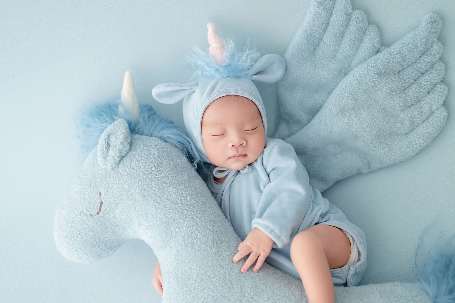 Sleeping newborn baby in blue unicorn outfit and hat resting on a plush unicorn toy with wings.