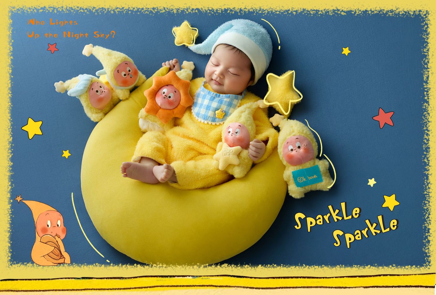 Sleeping newborn in yellow pajamas posed on crescent moon with Sparkle Sparkle plush characters.