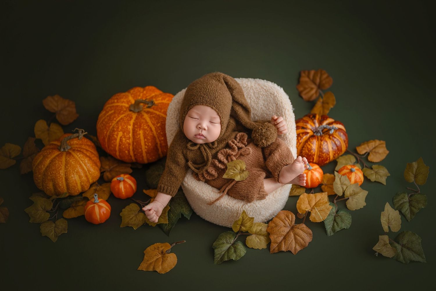 Newborn baby in brown knit romper sleeping in bowl surrounded by pumpkins and autumn leaves.