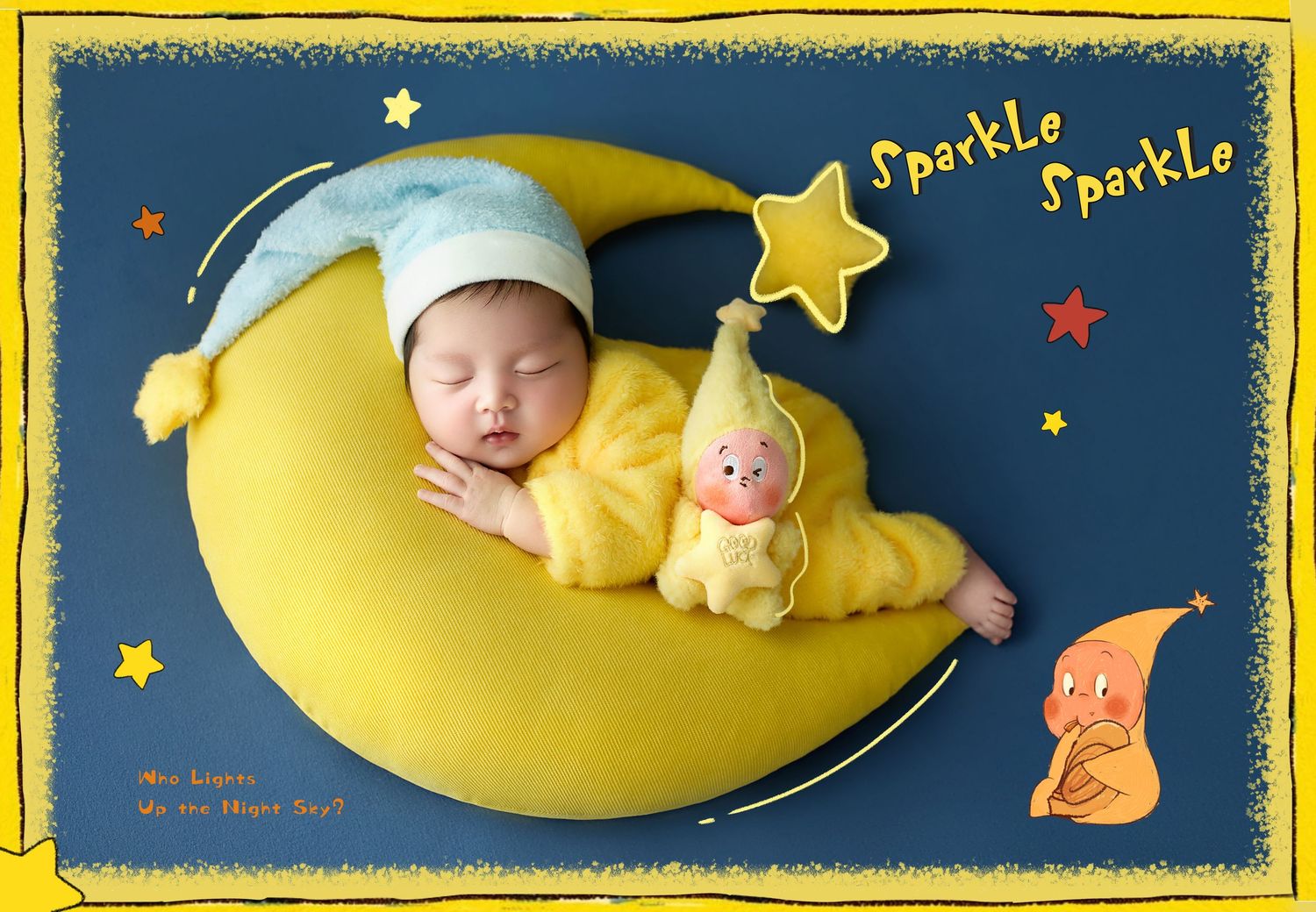 Sleeping newborn baby on yellow moon prop wearing blue nightcap with Sparkle Sparkle text design.