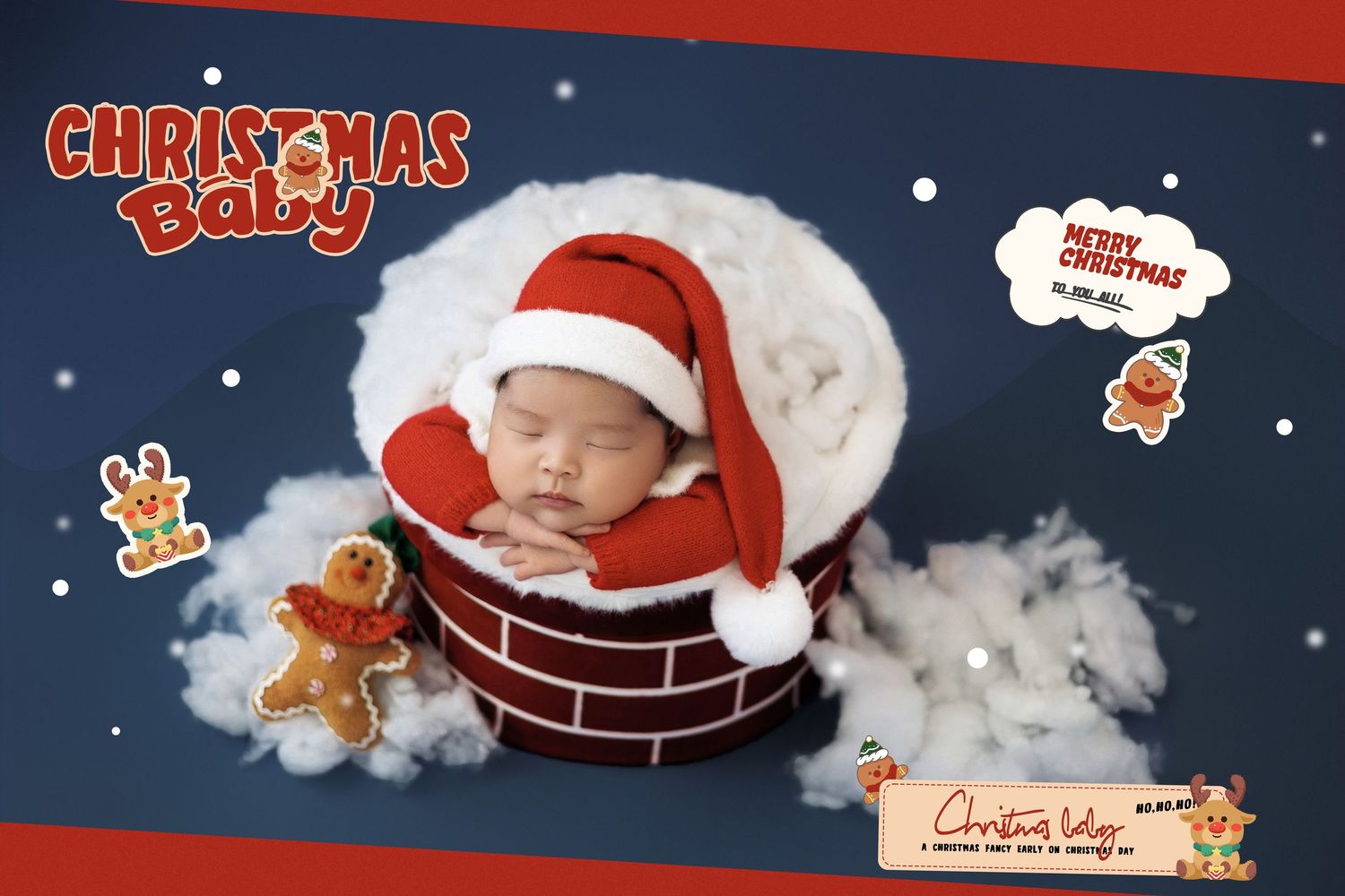 Newborn baby in Santa hat sleeping in decorative chimney bowl with Christmas Baby themed holiday photo card design.