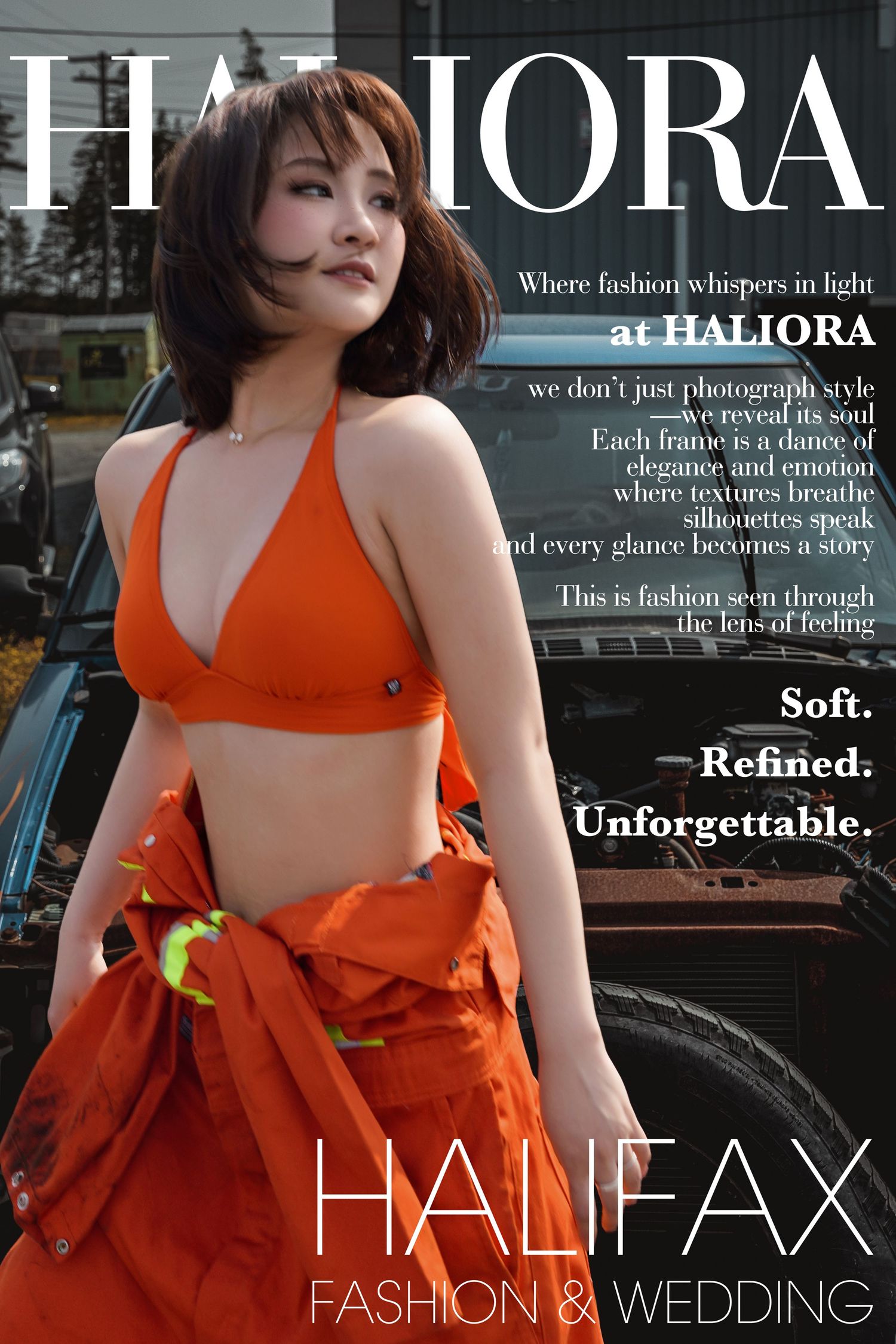 Woman in orange bikini top with open red overalls poses confidently outdoors for Haliora Halifax Fashion & Wedding.