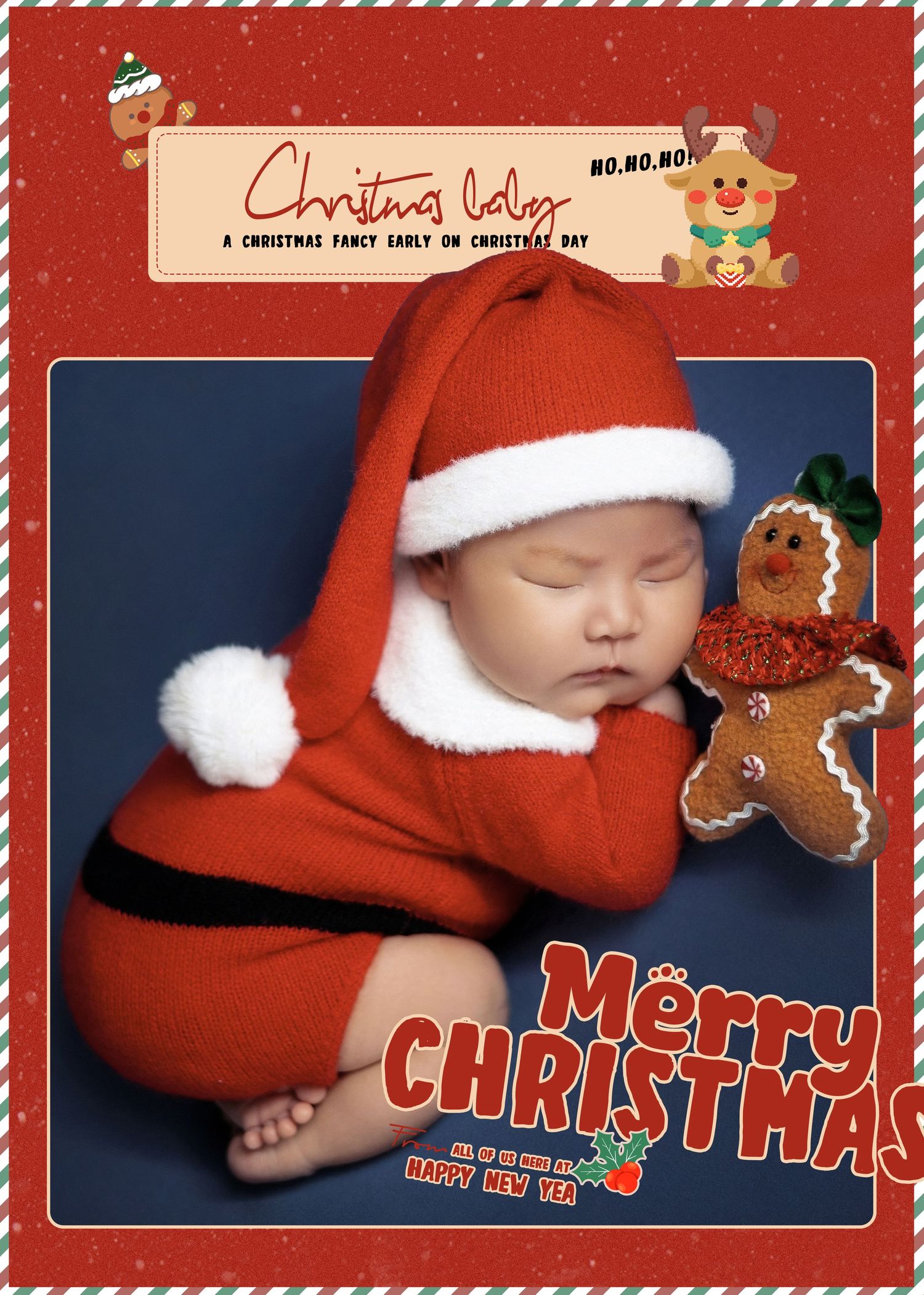 Close-up of sleeping newborn in red knit Santa costume holding gingerbread man toy with Merry Christmas text overlay.