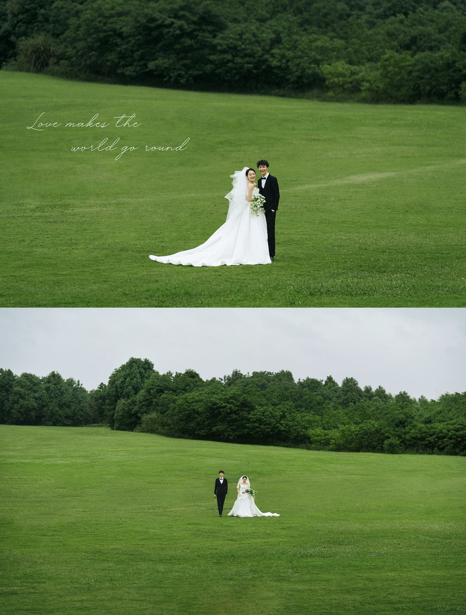 Wedding couple posing on vast green meadow in classic black tuxedo and white bridal gown.
