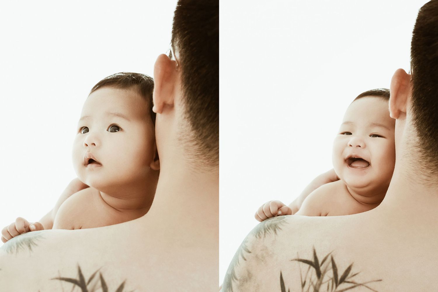 Adorable baby smiling and looking up while resting on a tattooed fathers shoulder in two side-by-side photos.