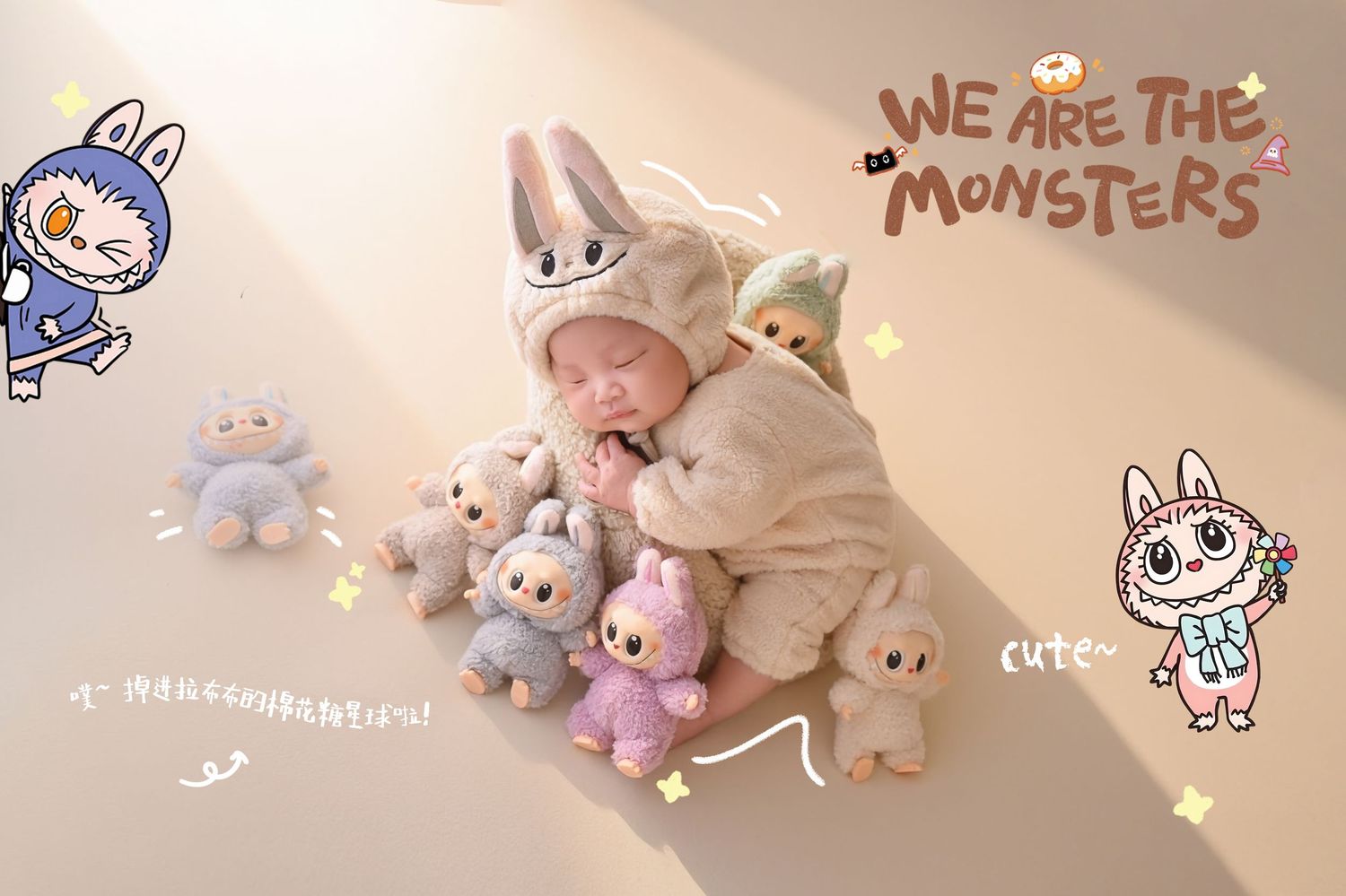 Newborn baby in cream bunny costume cuddled among pastel Labubu monster plush toys with cartoon illustrations.