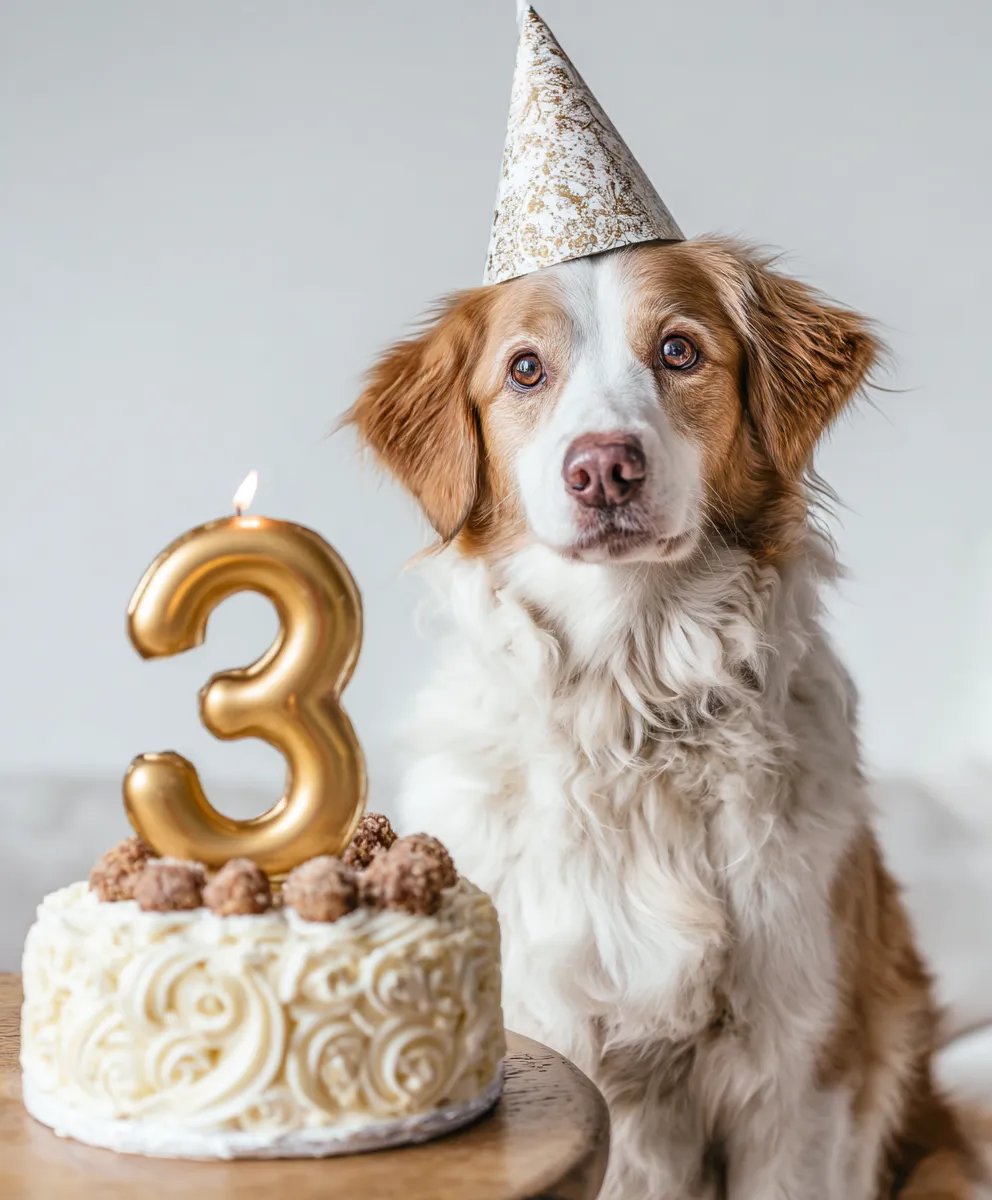 Cute brown and white dog wearing a party hat sitting beside a birthday cake with number 3 candle.