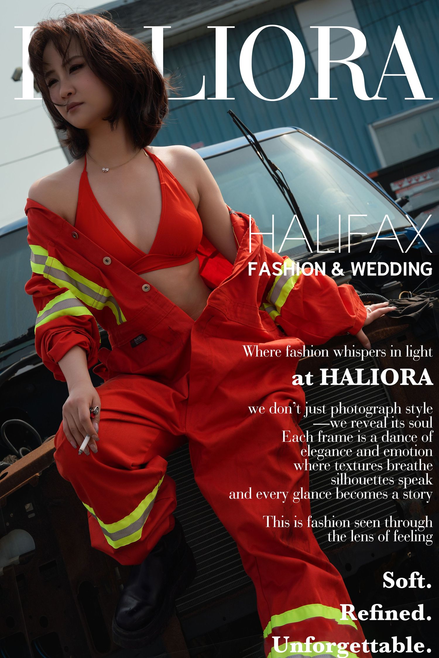 Model poses in red halter top and firefighter pants beside a car for Haliora Halifax Fashion & Wedding editorial shoot.