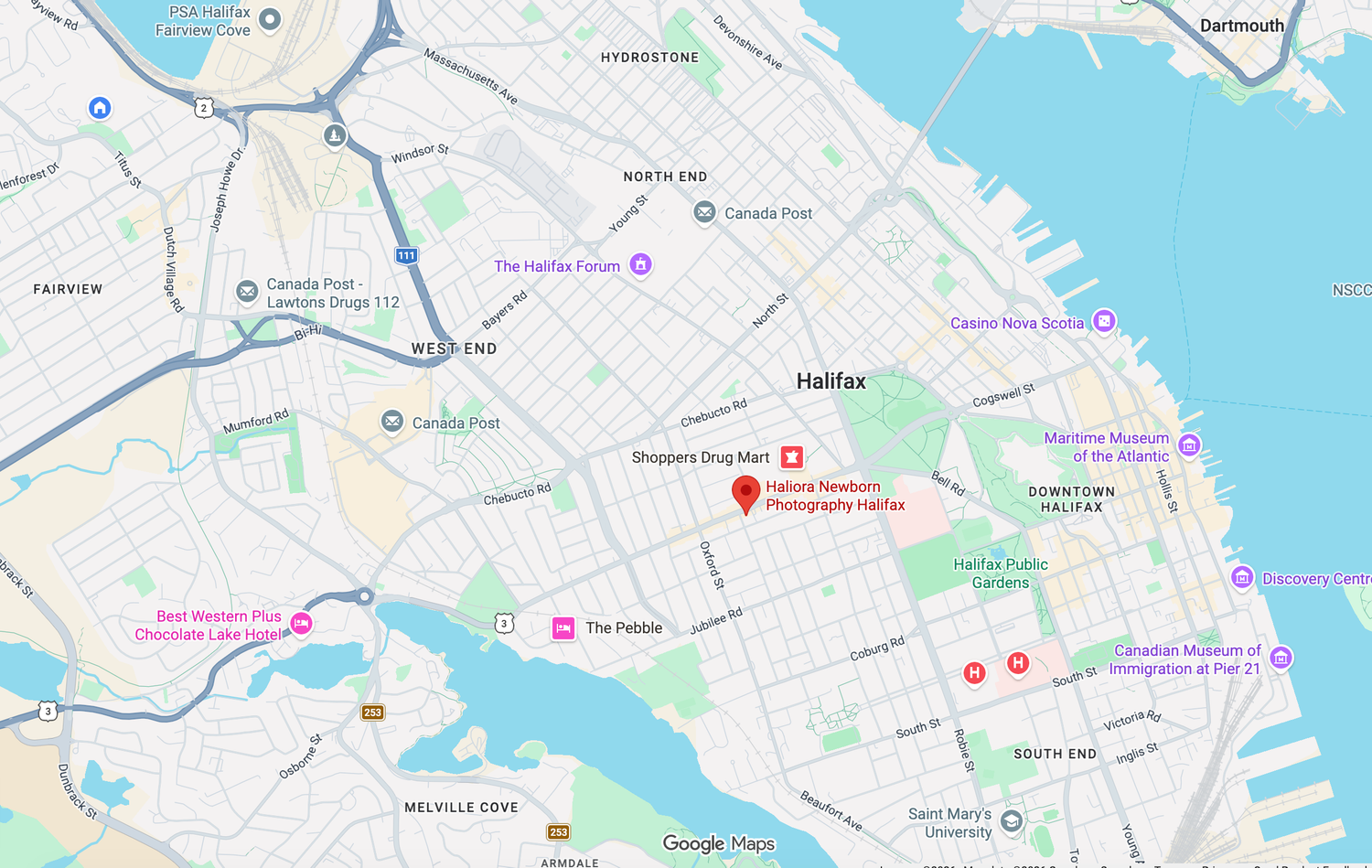 Google Maps view of Halifax, Nova Scotia, showing downtown streets, waterfront, and key landmarks near the harbor.