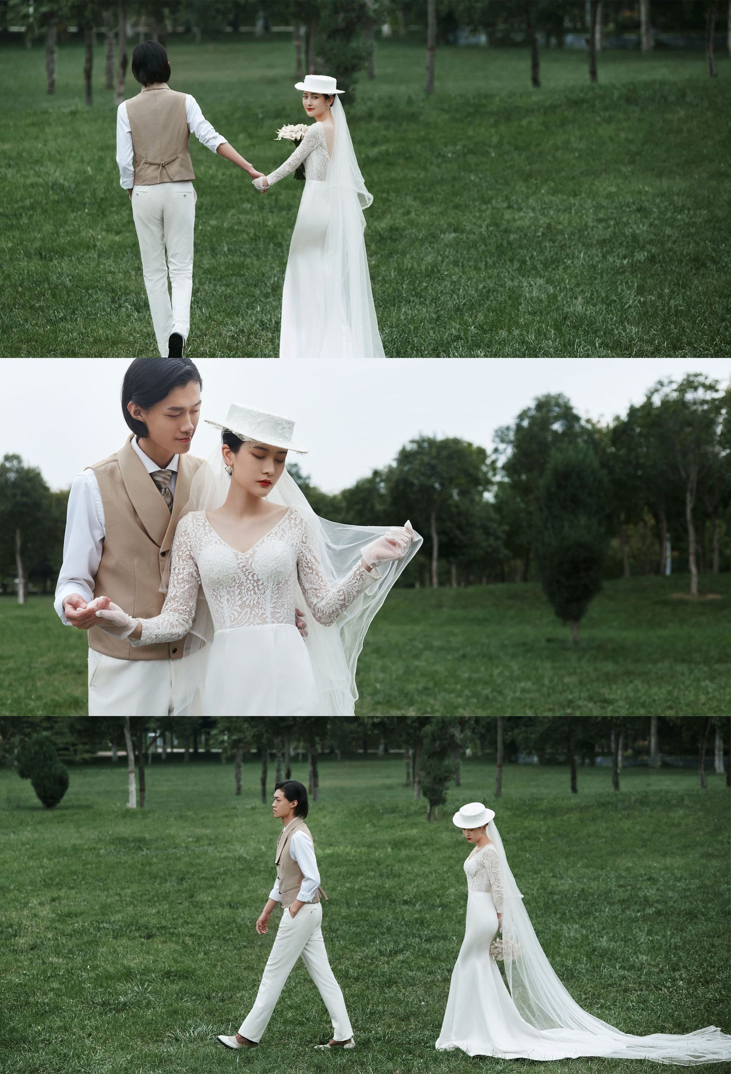 Wedding couple in white outfits holding hands and walking through lush green park in romantic photoshoot.