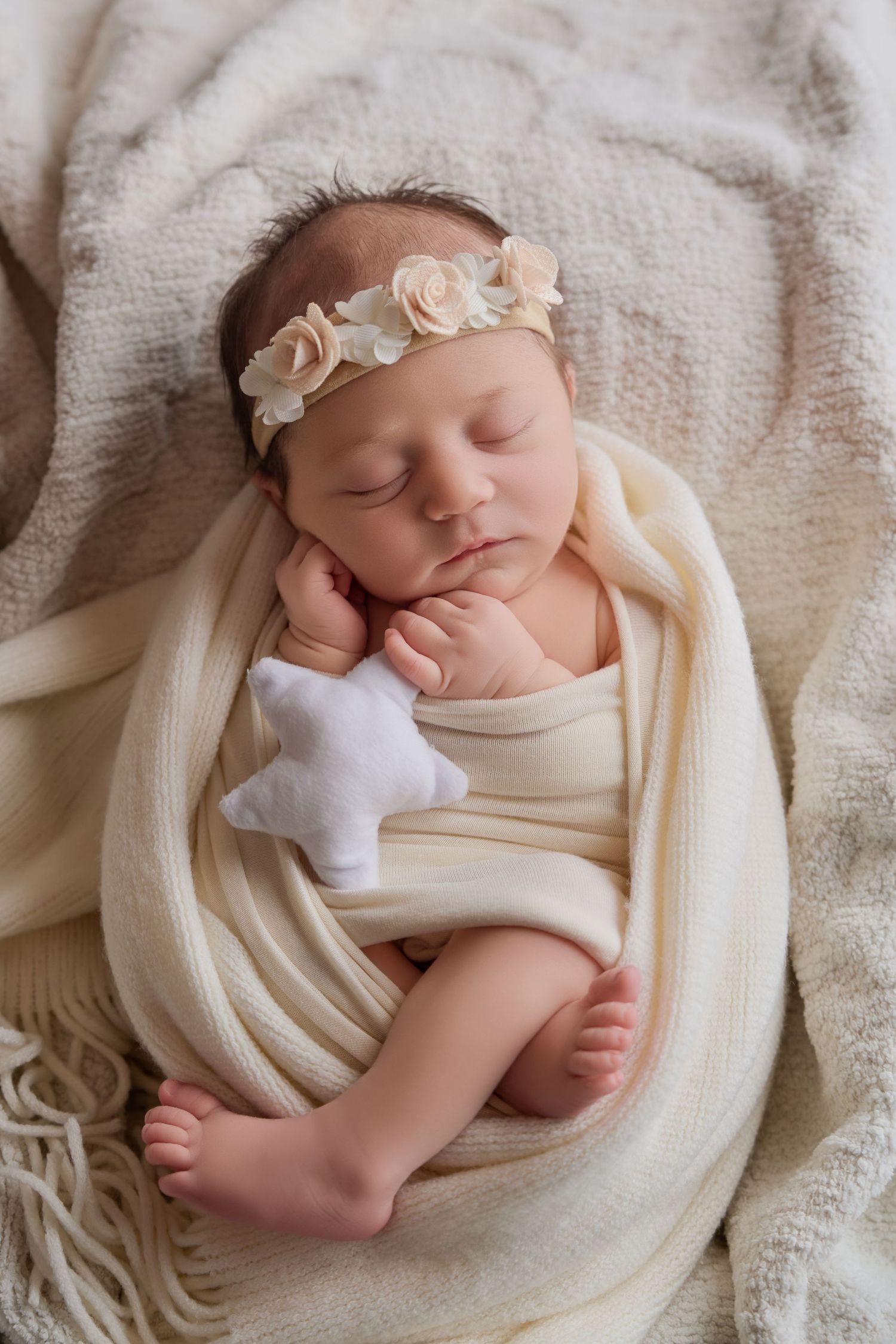 Sleeping newborn baby girl swaddled in cream wrap with floral headband holding a white star toy.