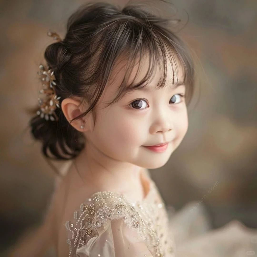 Adorable young Asian girl with floral hair accessories wearing elegant beaded dress in professional portrait photo.