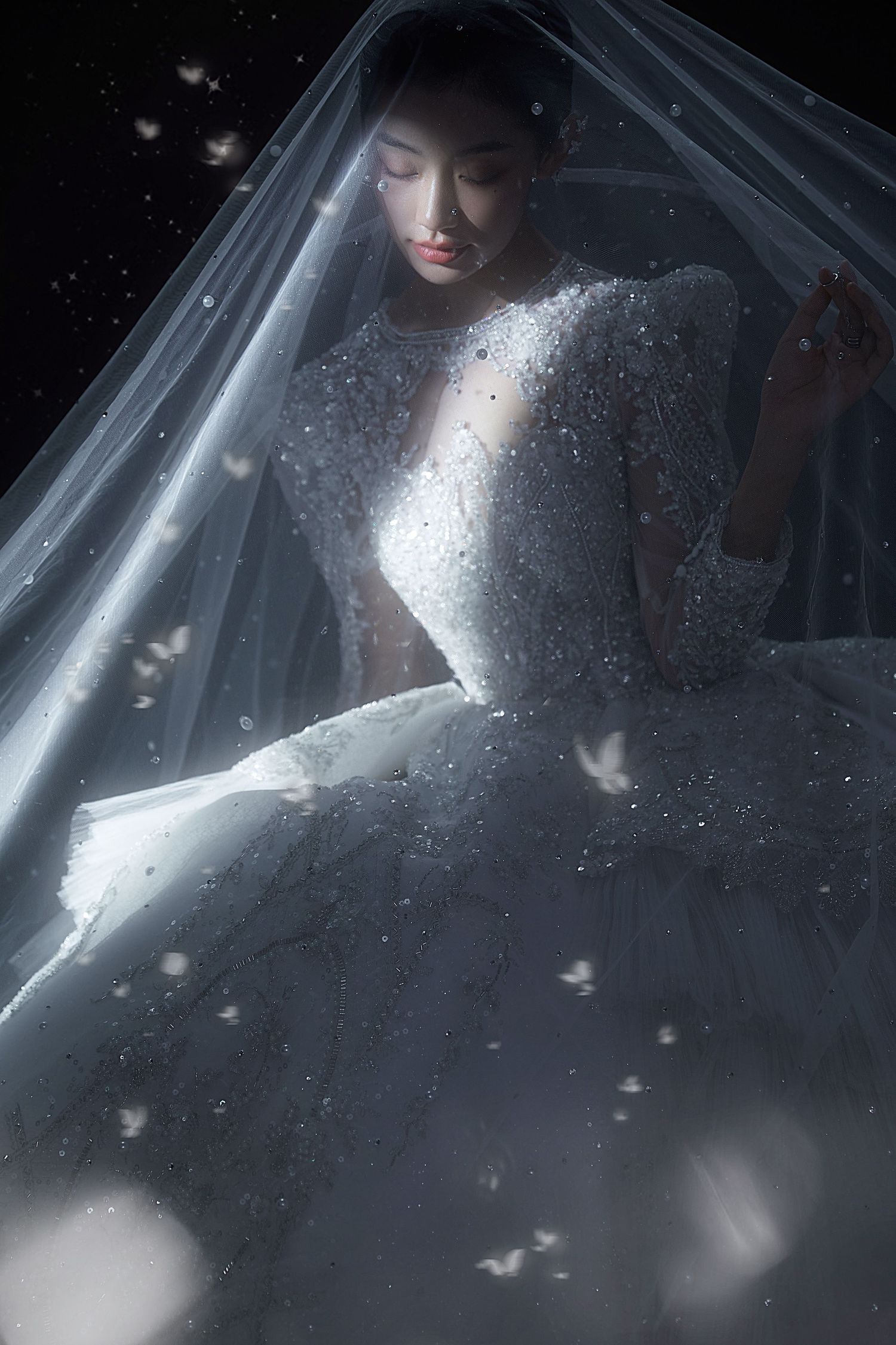 Elegant bride in crystal-embellished ball gown wedding dress under flowing veil with butterfly bokeh.