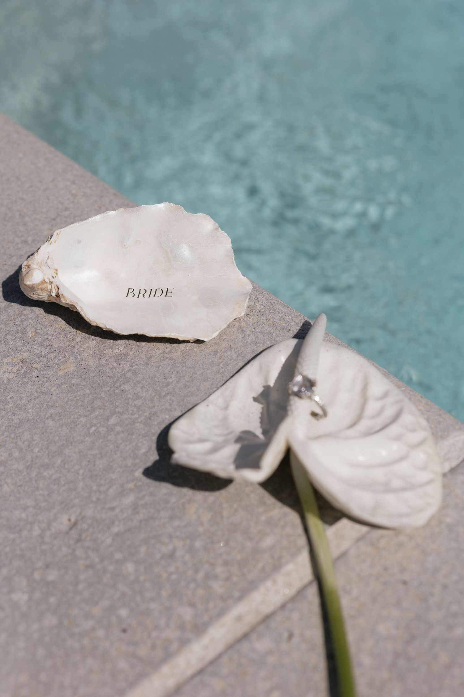Bride oyster shell dish and white anthurium flower with ring displayed on pool edge in sunlight.