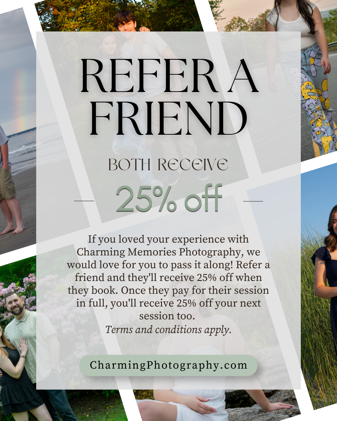 Charming Memories Photography refer a friend promotion offering 25% off for both parties when booking a session.