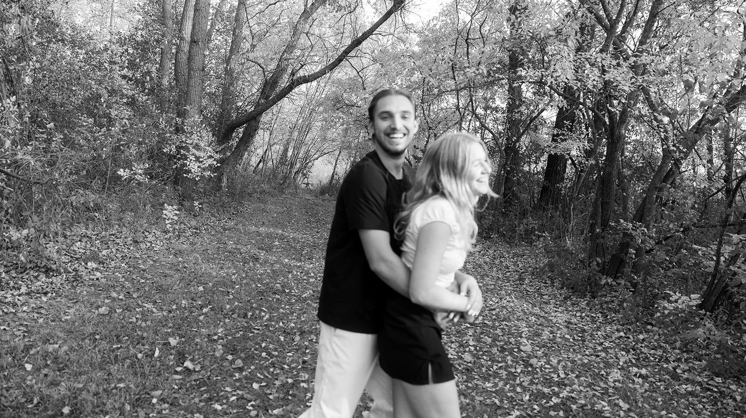 Panoramic sequence of engagement photos in autumn woods.
