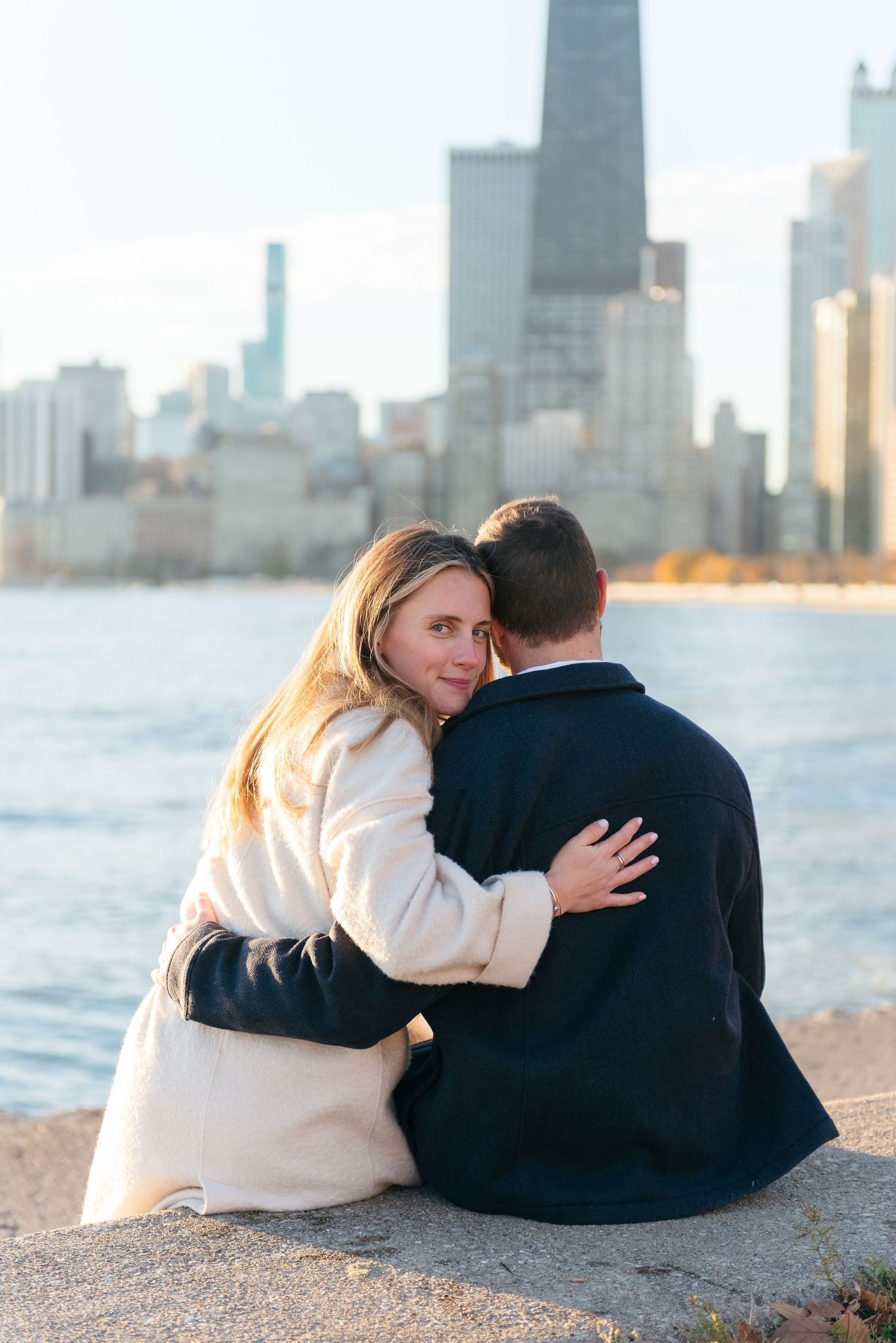 Candid couples portrait captured during relaxed Chicago engagement session