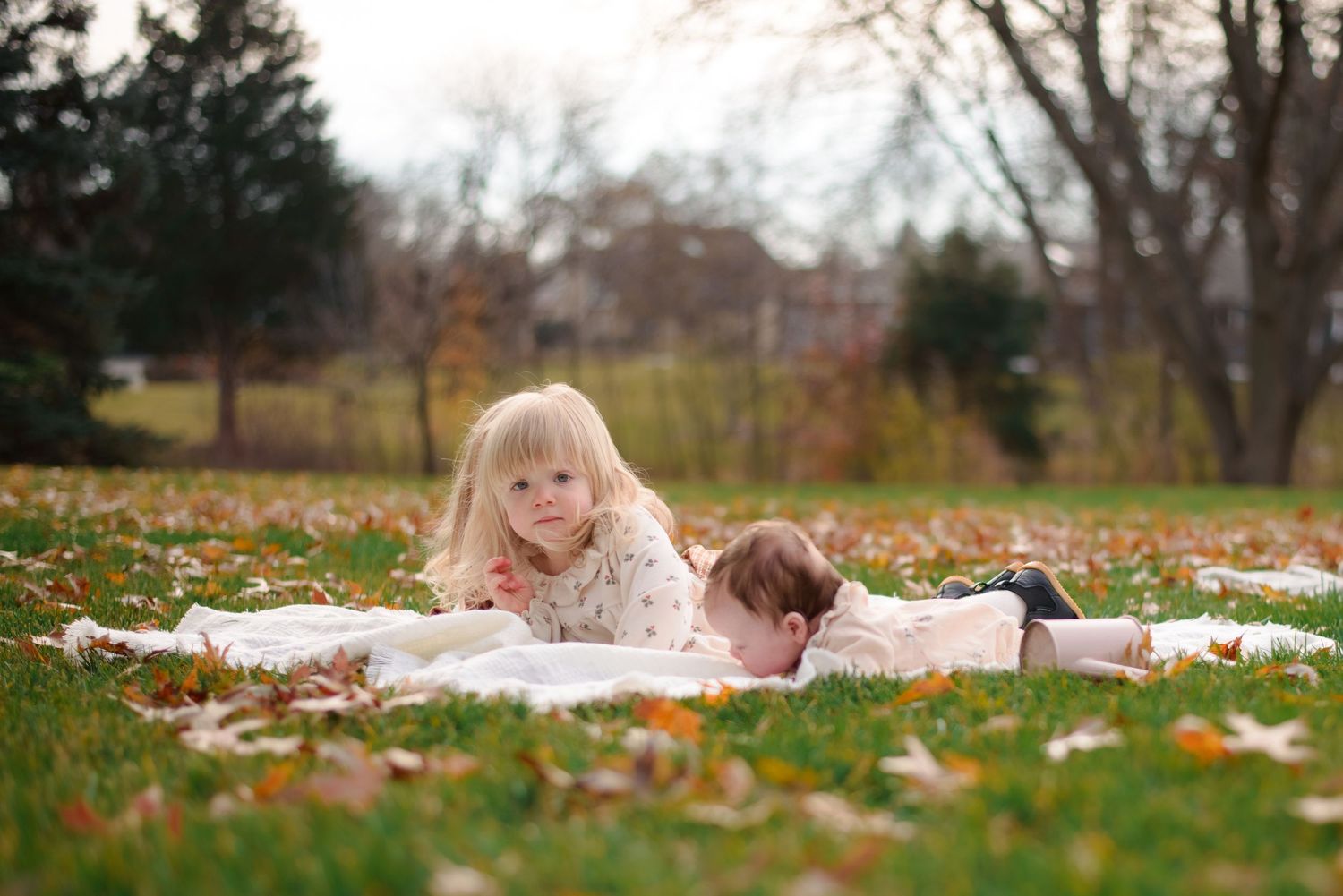 Toddler laying with siblings during an outdoor family fall session