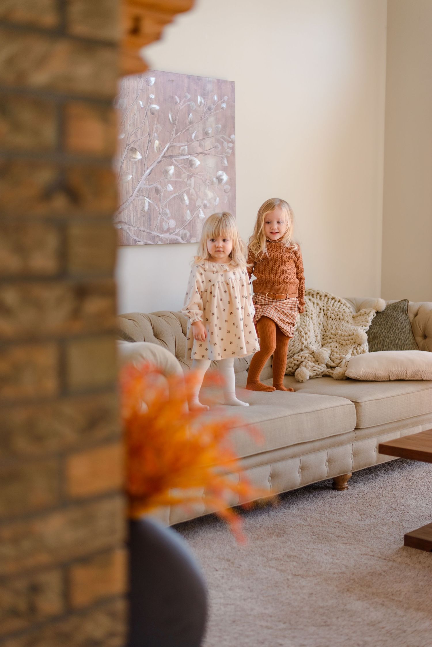 Siblings playing on couch during cozy in-home session