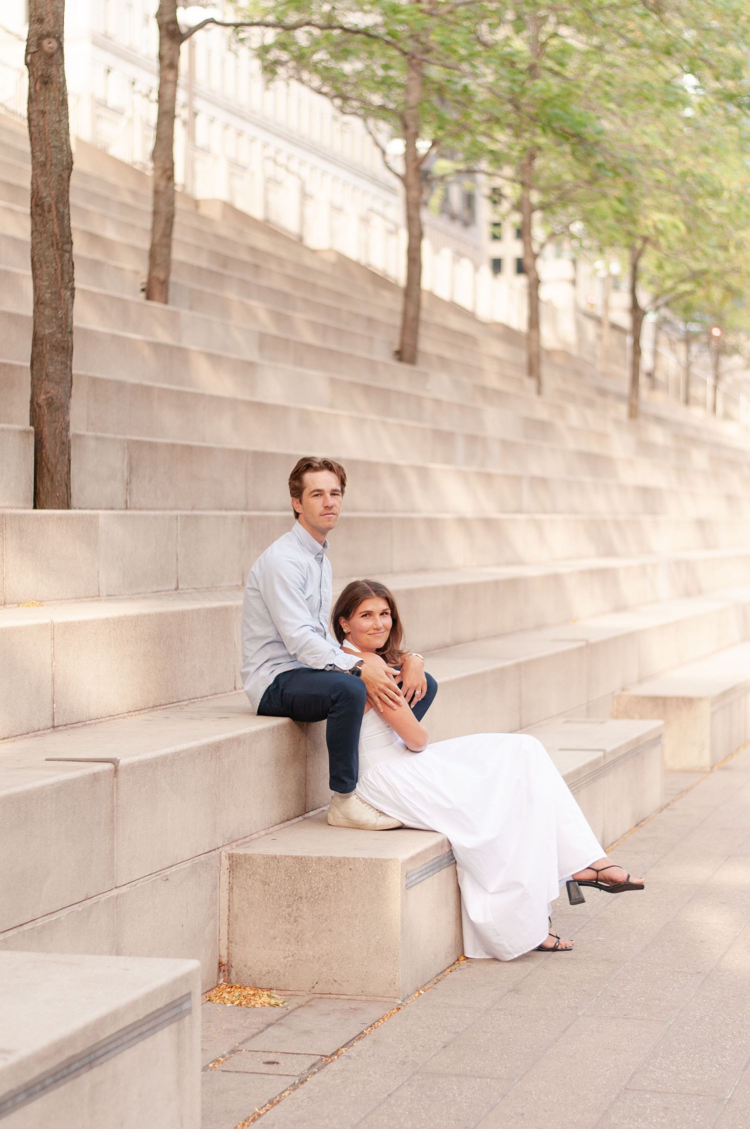 Couple leaning into each other during intimate Chicago portrait session