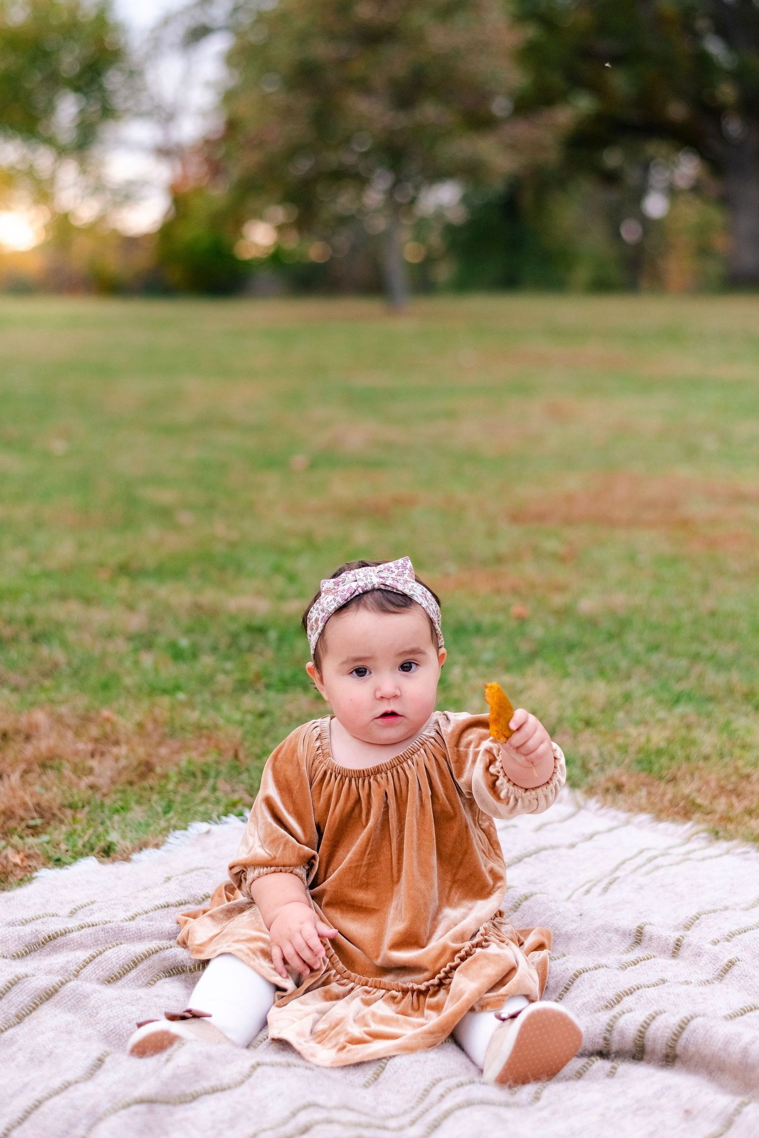 Baby holding leaf during fall family session in Chicago suburbs