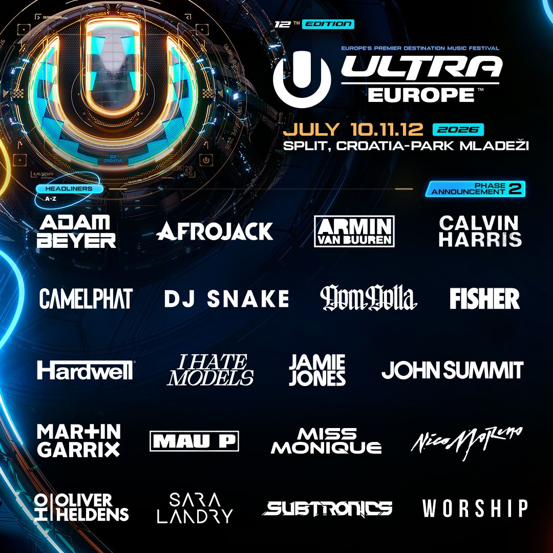 Ultra Europe music festival poster for July 10-12 in Split, Croatia featuring Afrojack, Calvin Harris, DJ Snake, Martin Garrix and more.