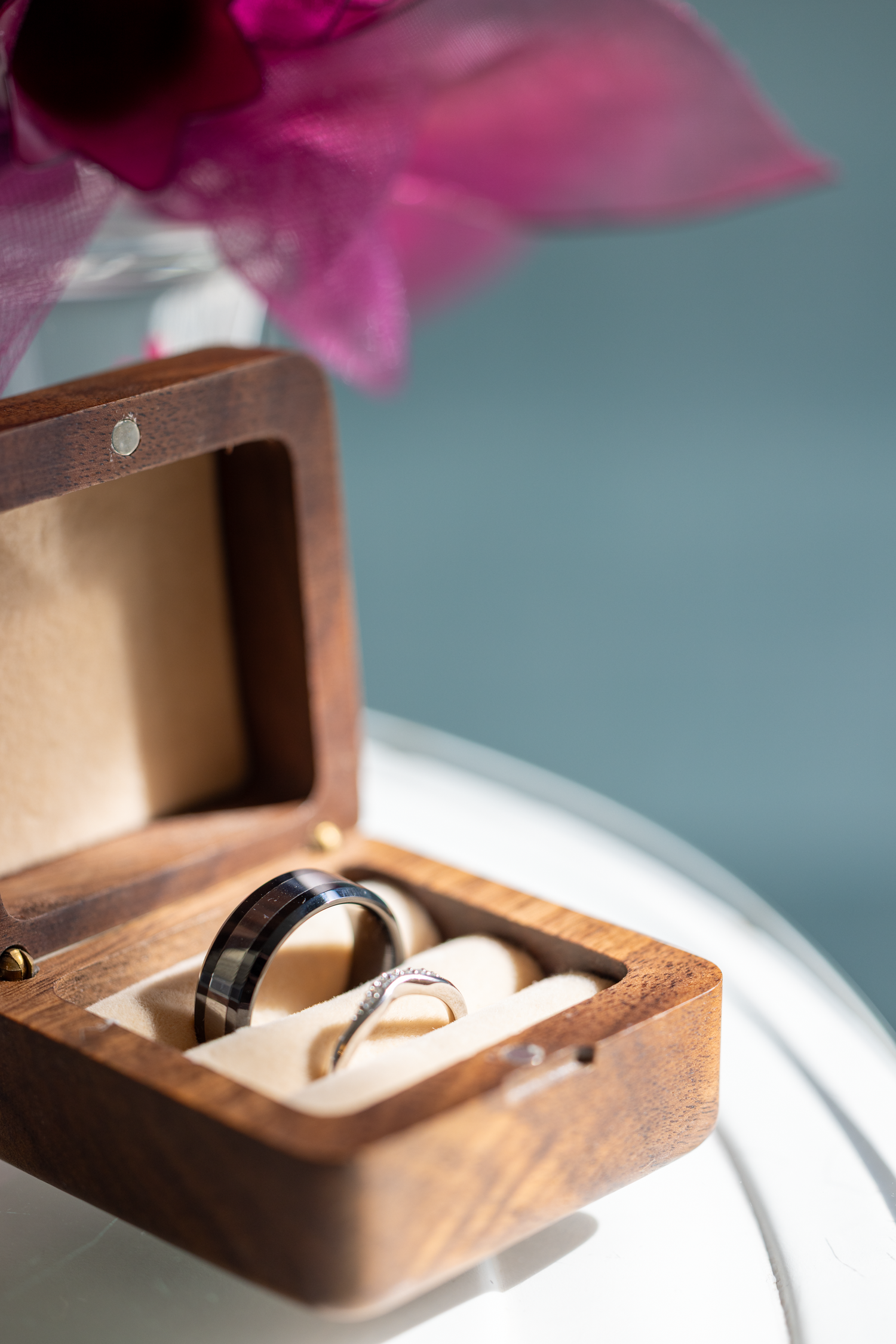 Wedding rings captured in the bridal suite of Southdowns Manor