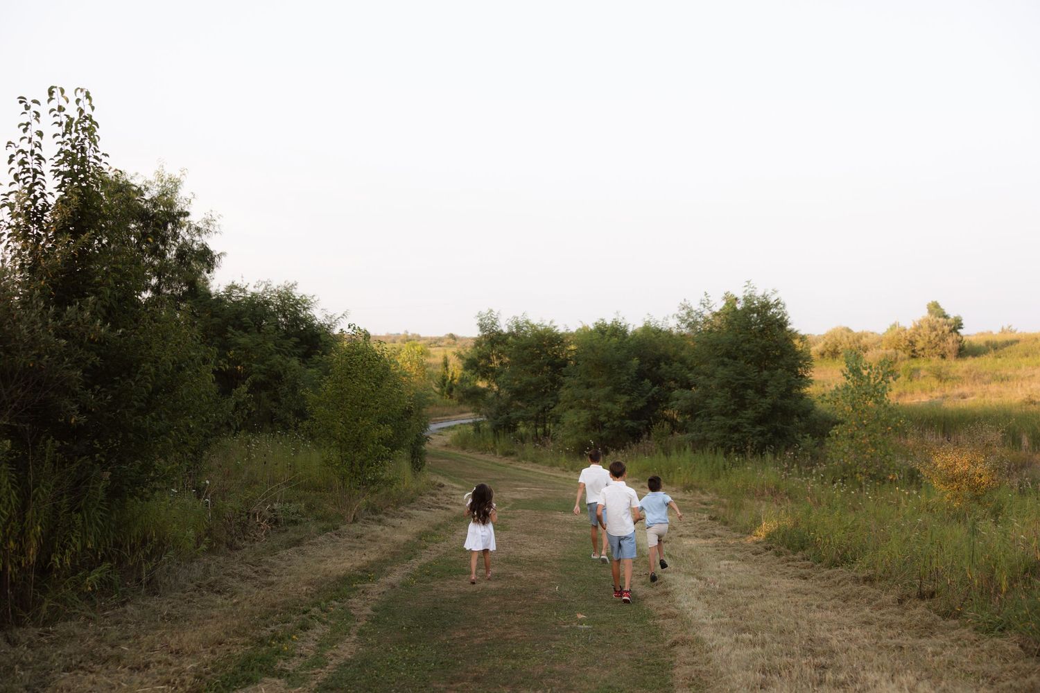 People walk along a scenic dirt path surrounded by lush green vegetation on a tranquil summer day.