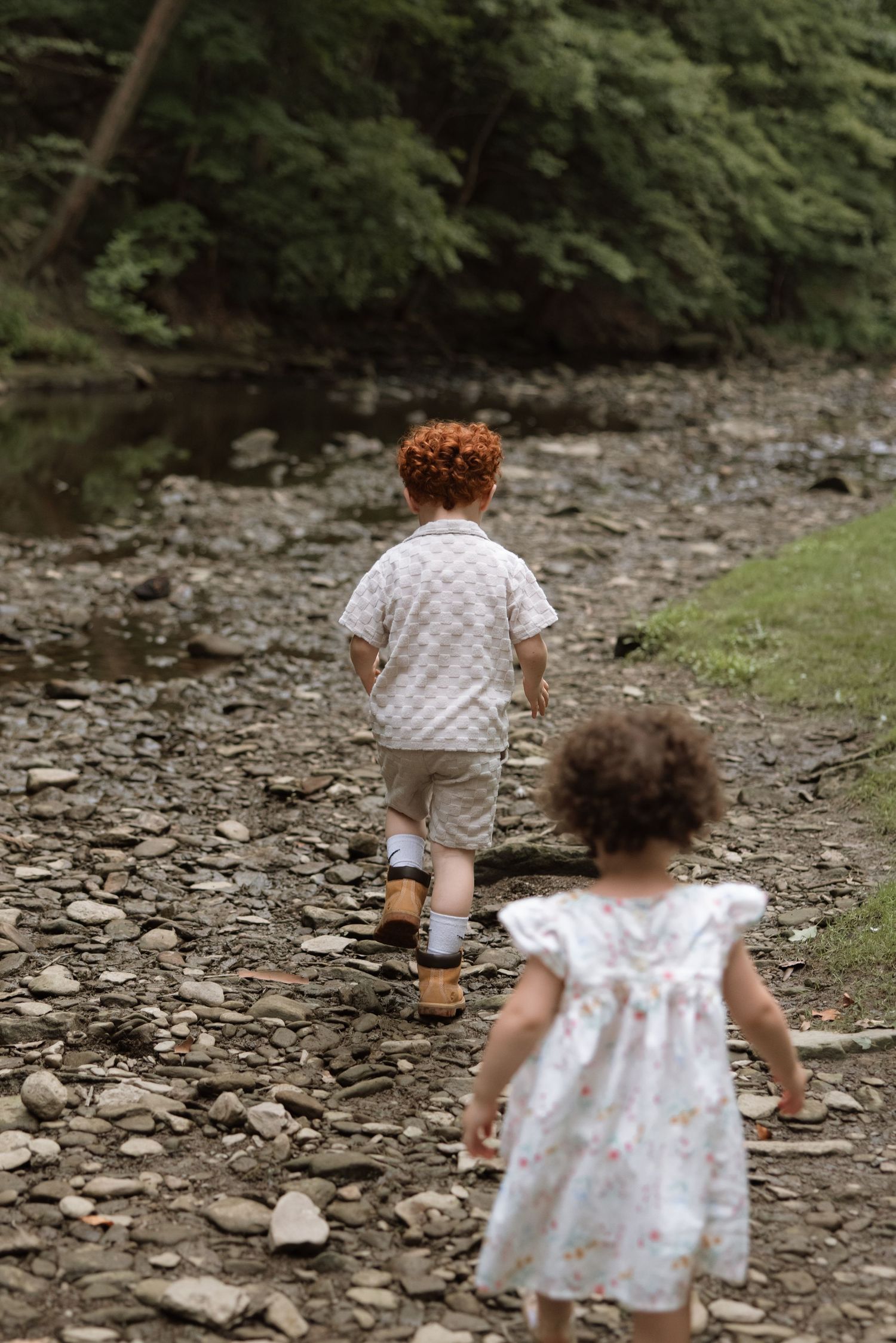 Children walking along a rocky creek bed surrounded by lush green trees.