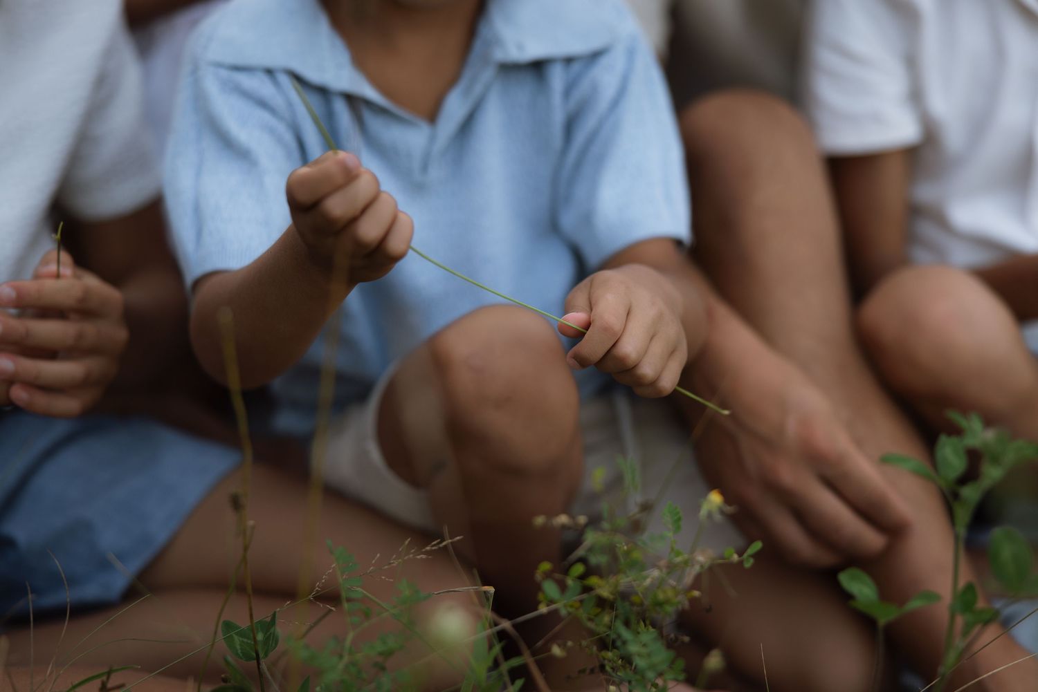Children in school uniforms tend to small plants at a gardening activity outdoors.