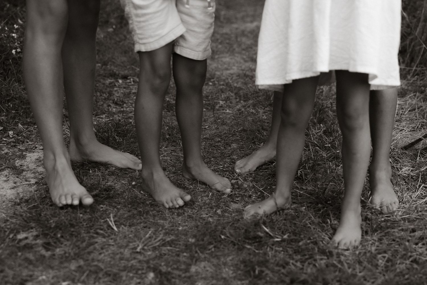 Closeup view of multiple people's legs and bare feet standing on grass and stone surfaces.