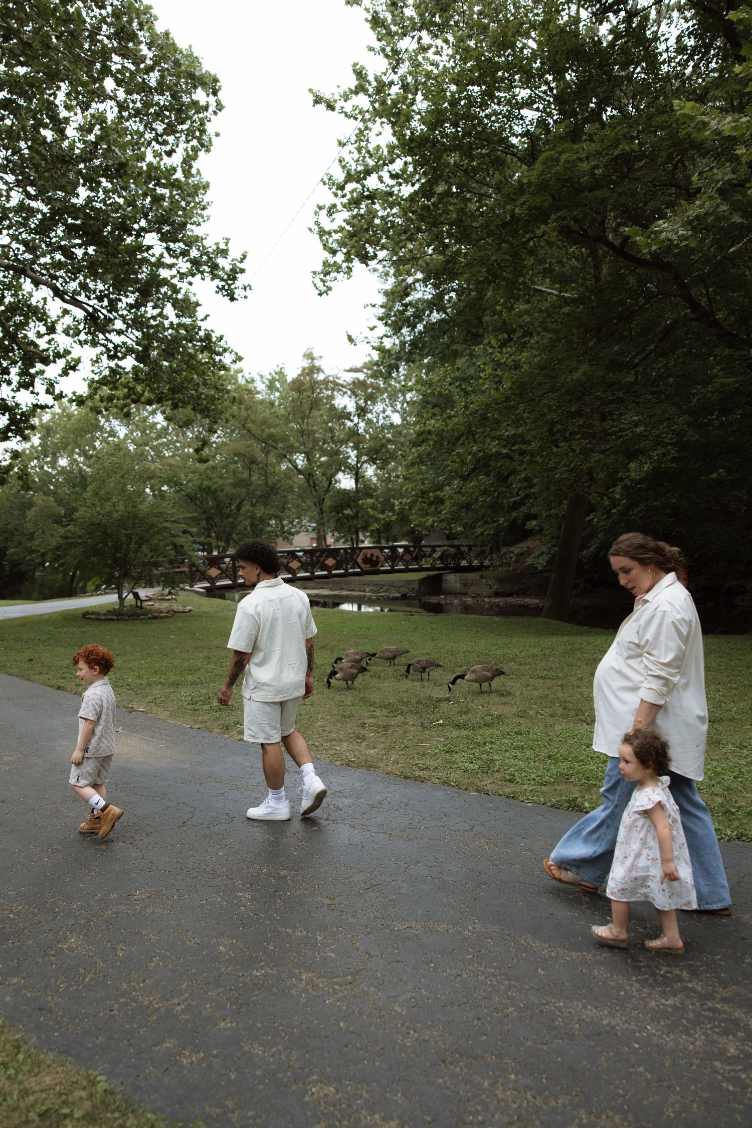 People walking along a paved park path with geese nearby while surrounded by green trees on a cloudy day.