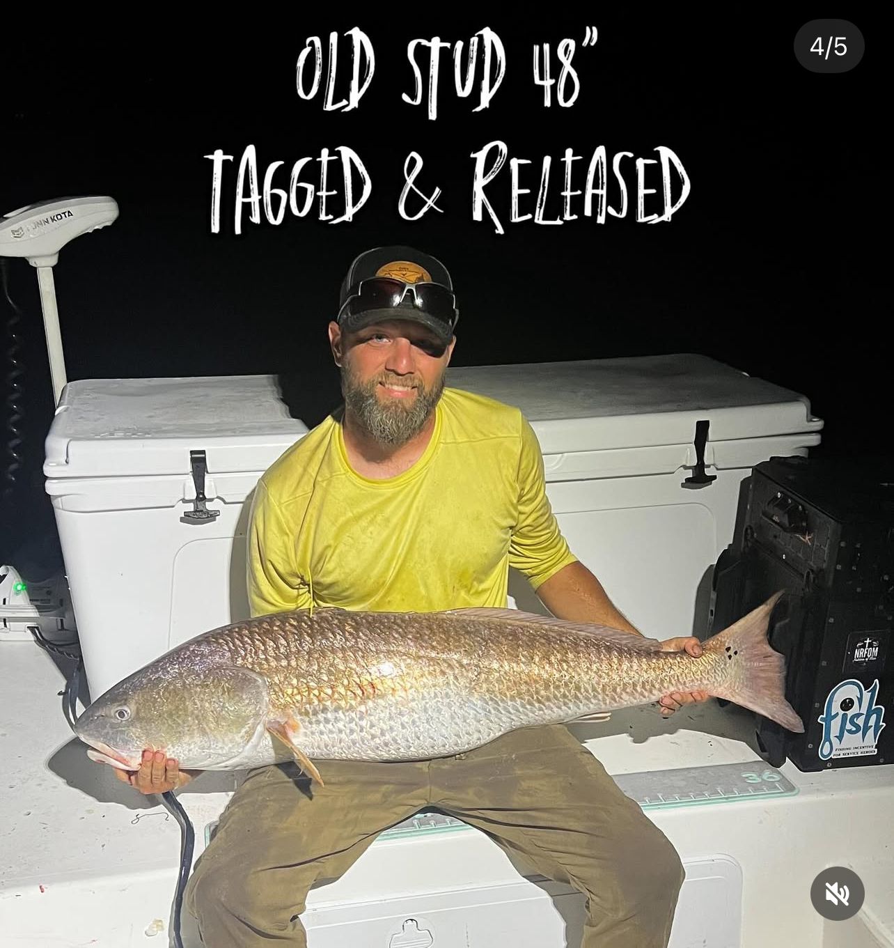 Angler in yellow shirt and sunglasses holds large red drum fish on boat deck next to white cooler.